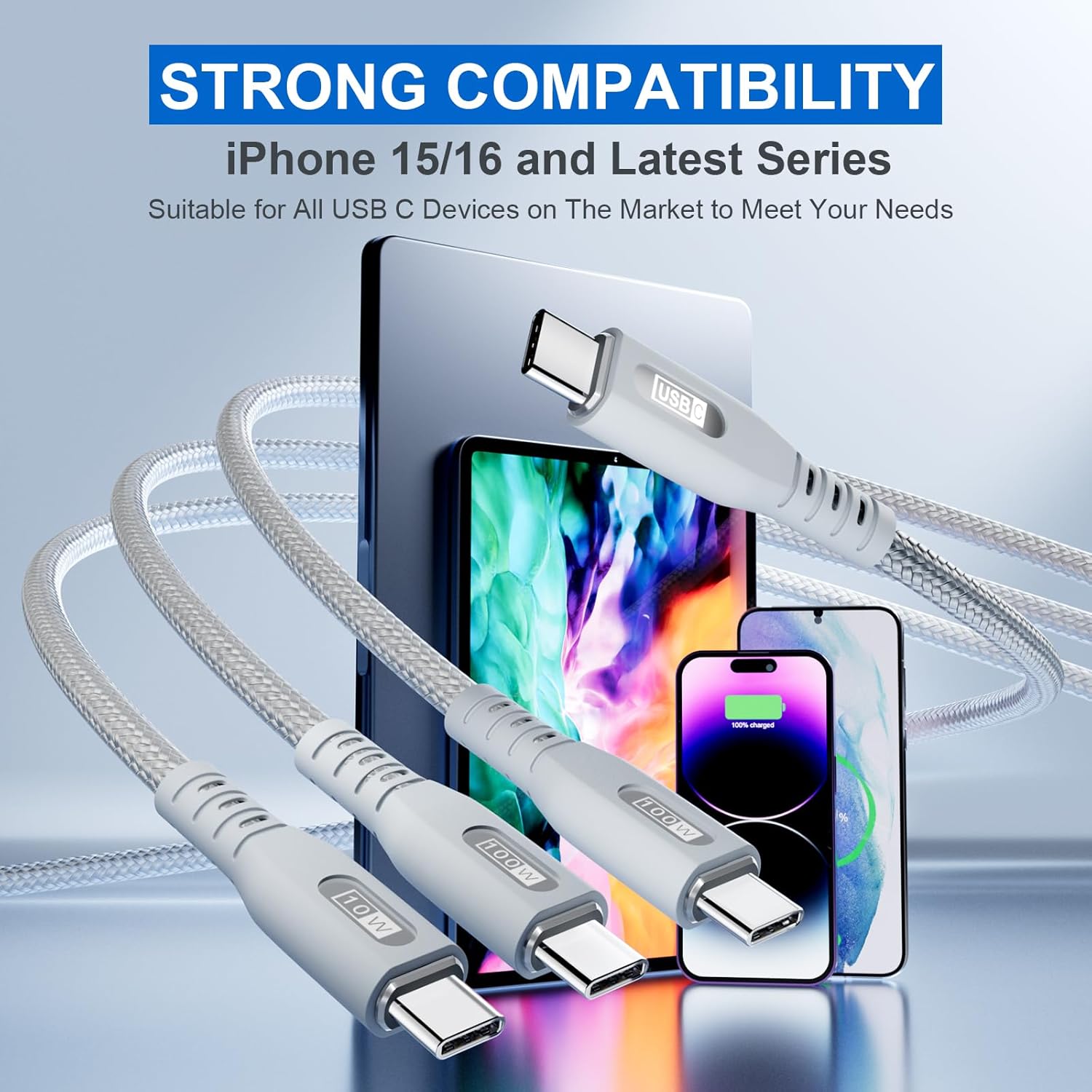 SIQIWO USB C Cable 100W Max,4ft 3 in 1 Braided C to USB C Splitter Charger Cord with 3 Type C Ports,Fast Charging for iPhone 15/16/17 Series,Samsung Galaxy S25,MacBook Air/Pro,Lenovo,iPad (Grey) - Image 6