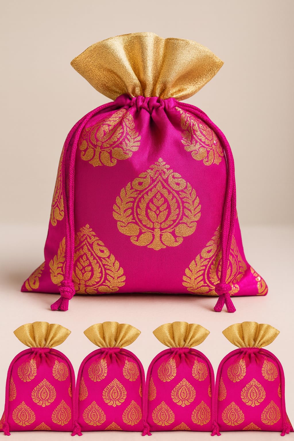 Abhaas 20Pcs Drawstrings Potli Bag For Gifting|23X18CM|for Ladies Wedding,Party Bag Potli Leaf Print For Women Kitty Parties With Bells Reusable Return Gift Purpose,Shagun Pouch,Candy Bags,Magenta-image-8