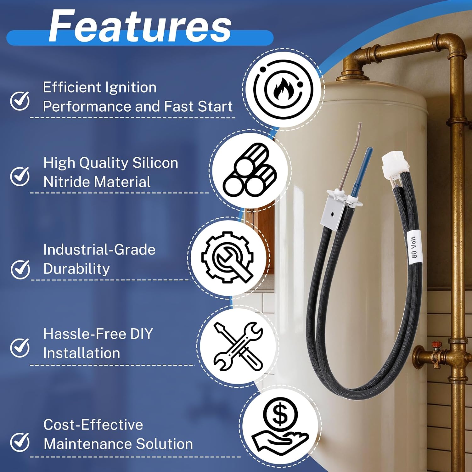9003626005 Water Heater Igniter Silicon Nitride Igniter, for A.O. Smith | High-purity Silicon Nitride Ceramic, Replaces 900362115, 9003627005, 9003627115, 9004041005, 9004602215, 100109355