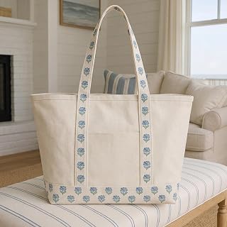 Paterr Blue Block Print Floral Canvas Tote Bag with Handles Beach Bag for Wedding Bridesmaid Bridal Mother's Day Floral Gifts Last Toast on The Coast Bachelorette Coastal Beach Theme Party Favor