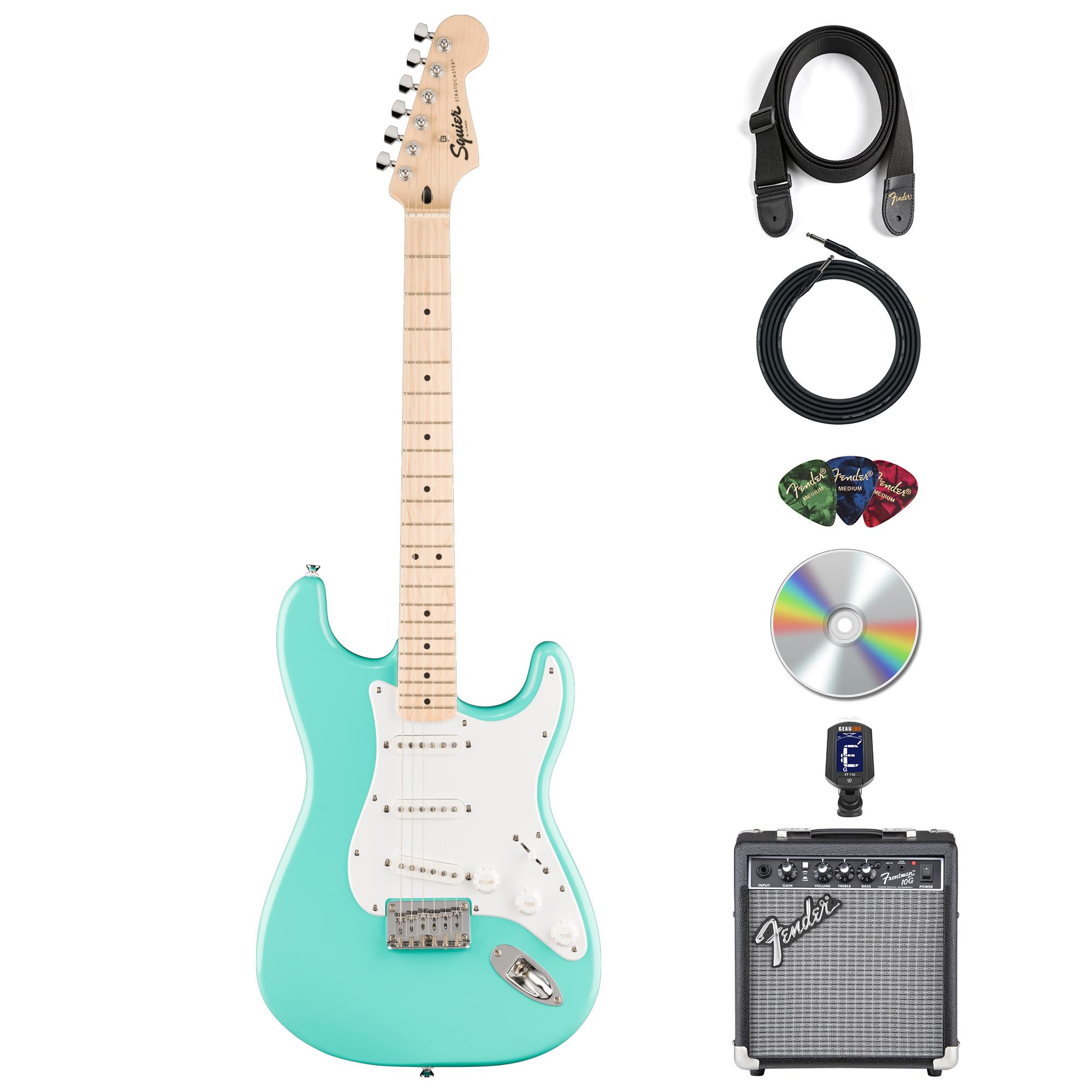 Fender Squier Sonic Stratocaster HT - Sea Foam Green Bundle with Frontman 10G Amplifier, Instrument Cable, Tuner, Strap, Picks, and Austin Bazaar Instructional DVD