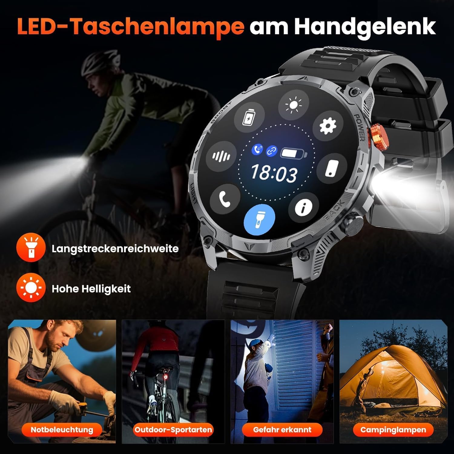 Militär Smartwatch Herren, mit1000-mAh-Akku/1,75" HD Großes Display Sportuhr/110+ Sportmodi Fitnessuhr/LED Taschenlampen/24/7Herzfrequenz/Schlafmonitor/IP68 Wasserdicht für iOS Android