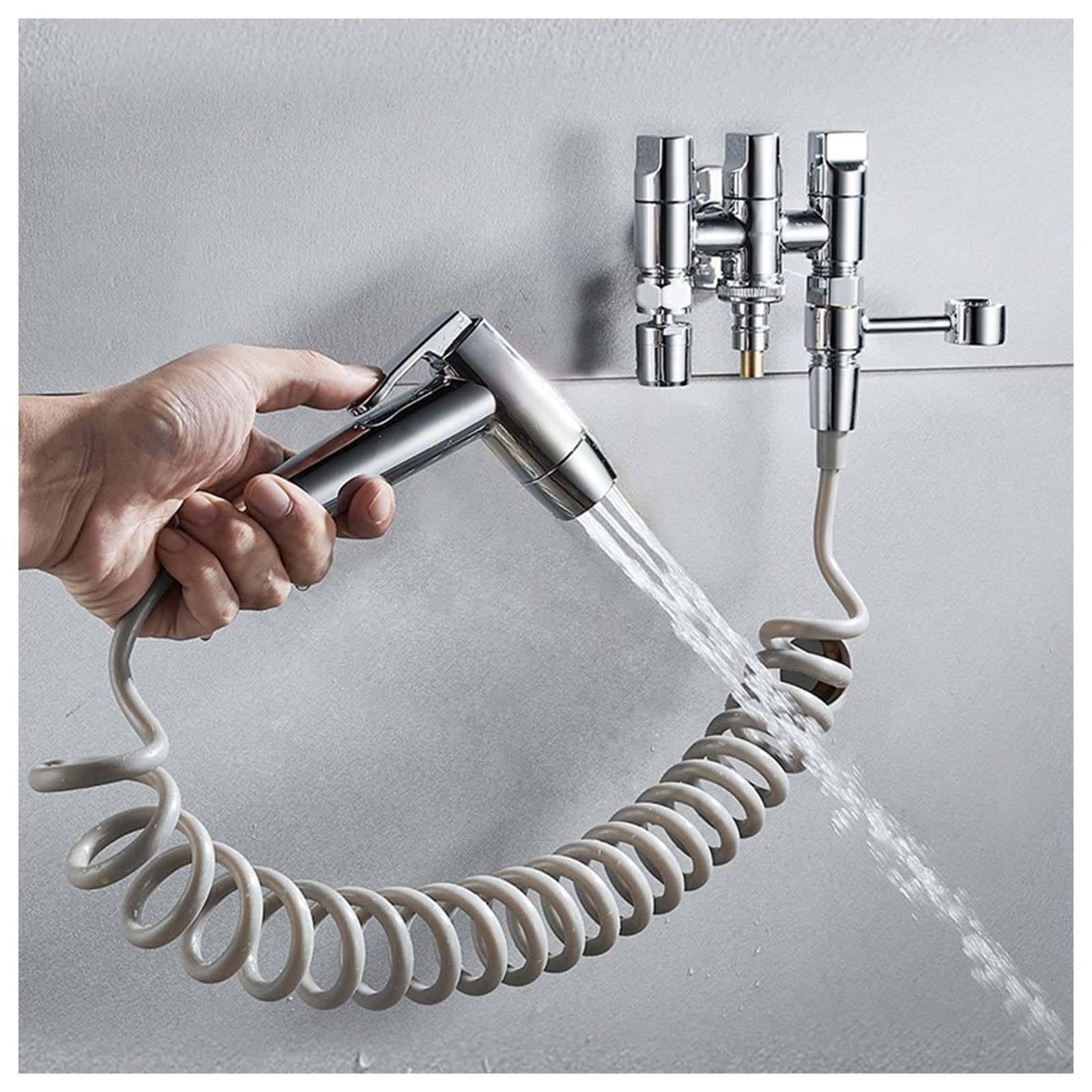 Grifo WC cromado con manguera flexible y válvula regulable de tres vías