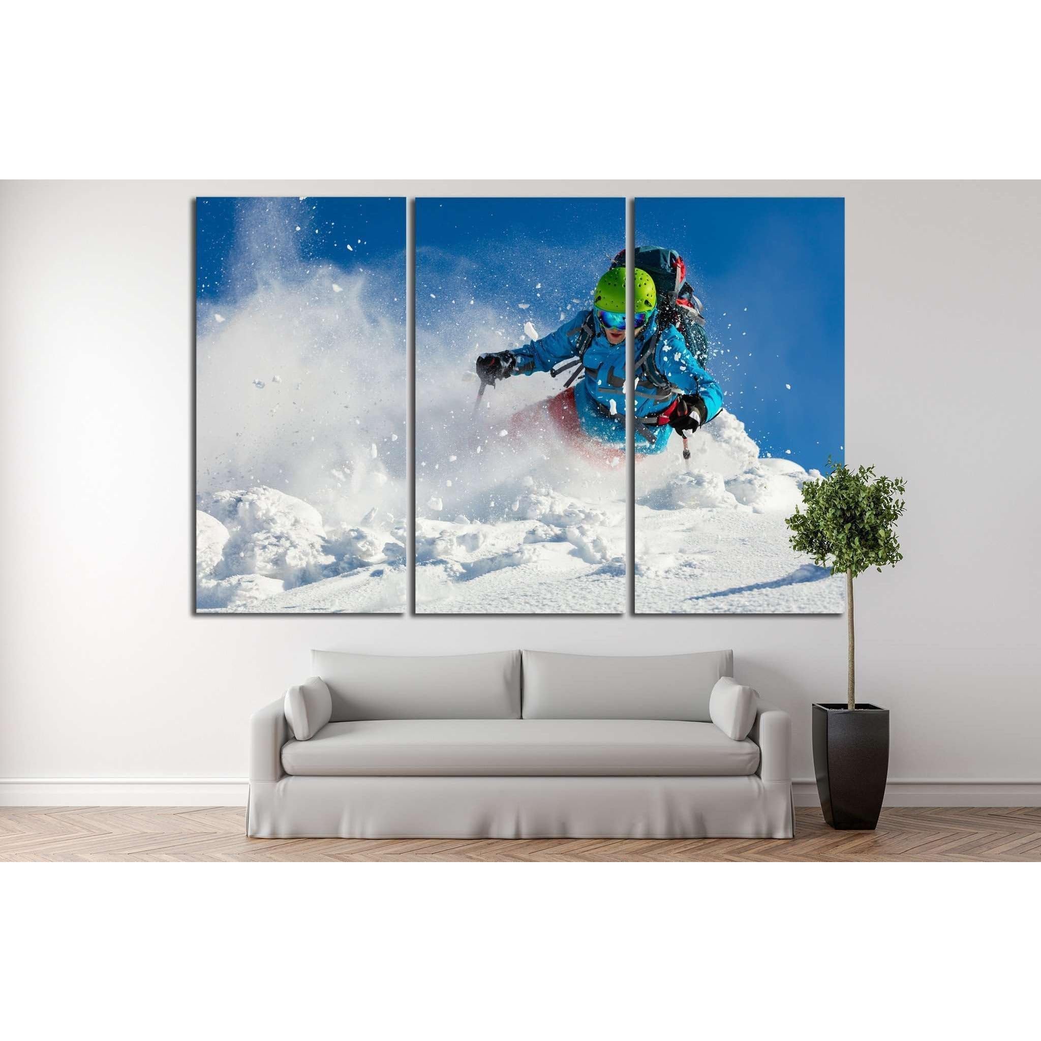 ZELLART Skier №181 - Stampa su tela, pronta da appendere, 3 pannelli, 180 x 120 cm