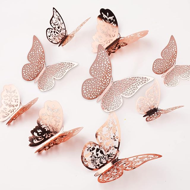 nuoshen 36Pcs 3D Butterfly Wall Stickers, Rose Gold 3D Butterfly Wall Decals for Home Bedroom Party Cake Decoration 3 Sizes
