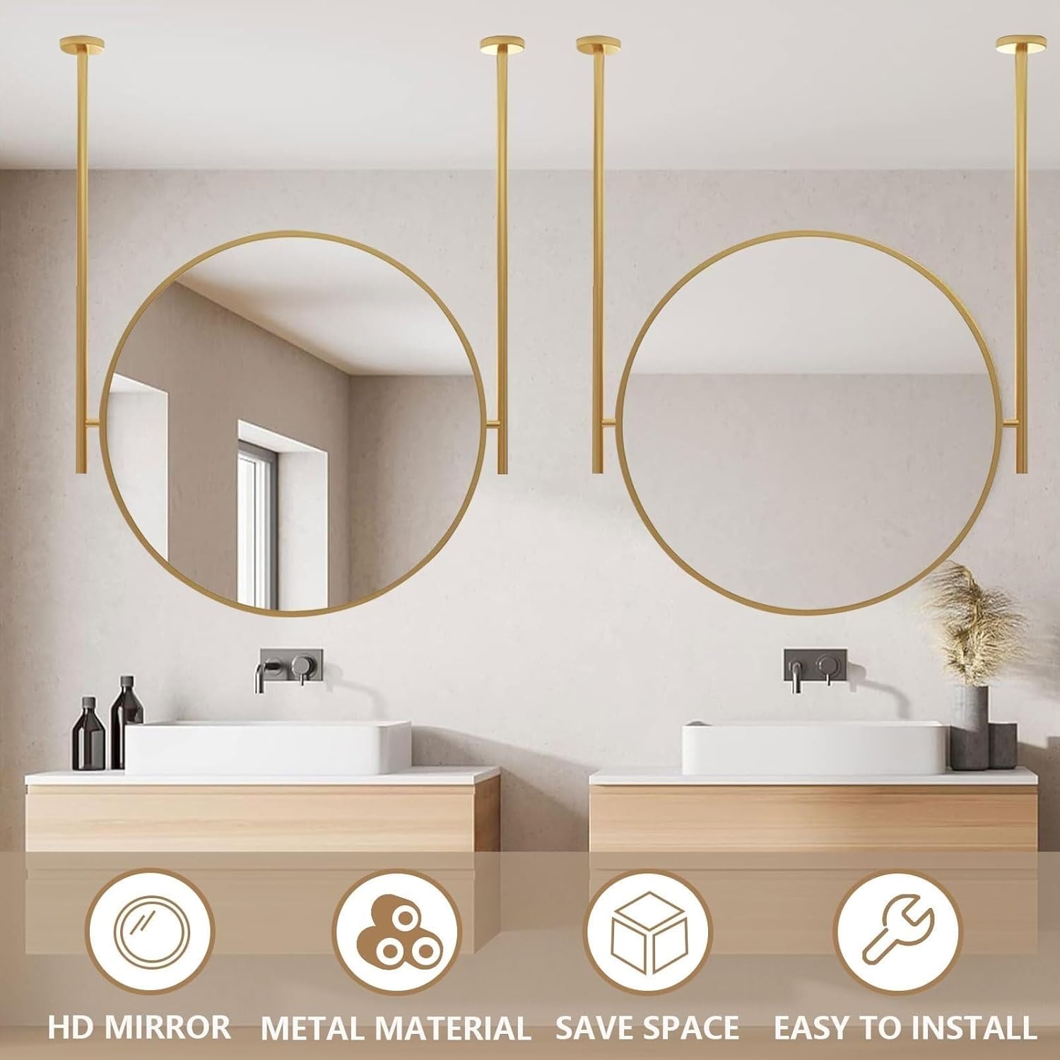 vintageさま　専用 丸型壁掛けミラー、天井吊り下げロッドミラー、金属フレームと