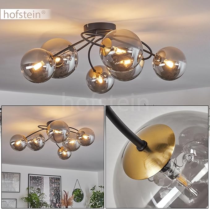 hofstein HOFSTEIN Plafondlamp Chehalis, plafondlamp van metaal/glas in zwart/goudkleuren/rookkleuren, lamp in retro/vintage design met glazen kappen (Ø 12 en 15 cm), 6 x G9 led, zonder lamp photo 2
