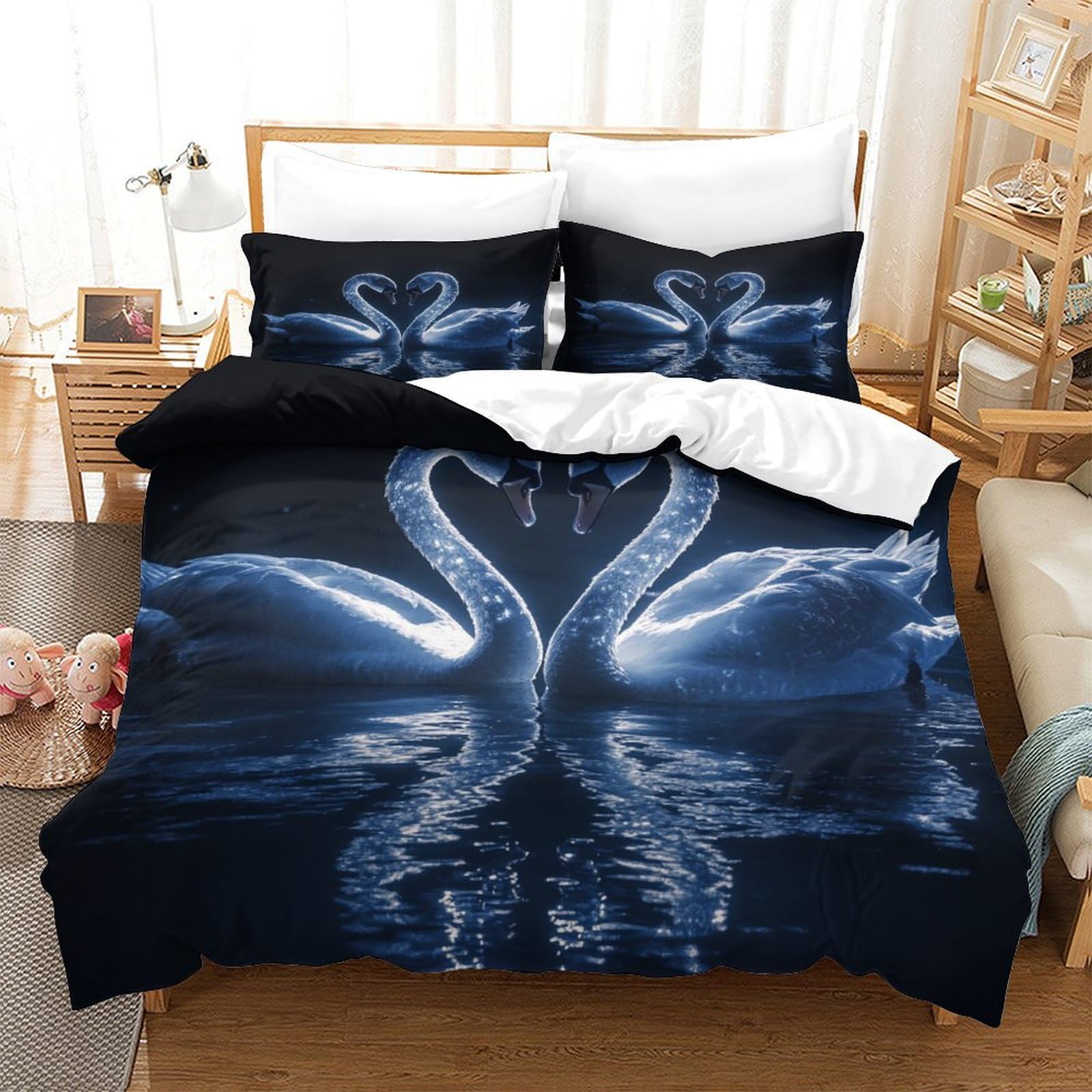 P1s9u7w5y Swan-1 Elegant Swan Pattern 3D Printed Duvet Cover Set 3Pcs Microfiber Romantic Bedding Set Double（200X200cm）