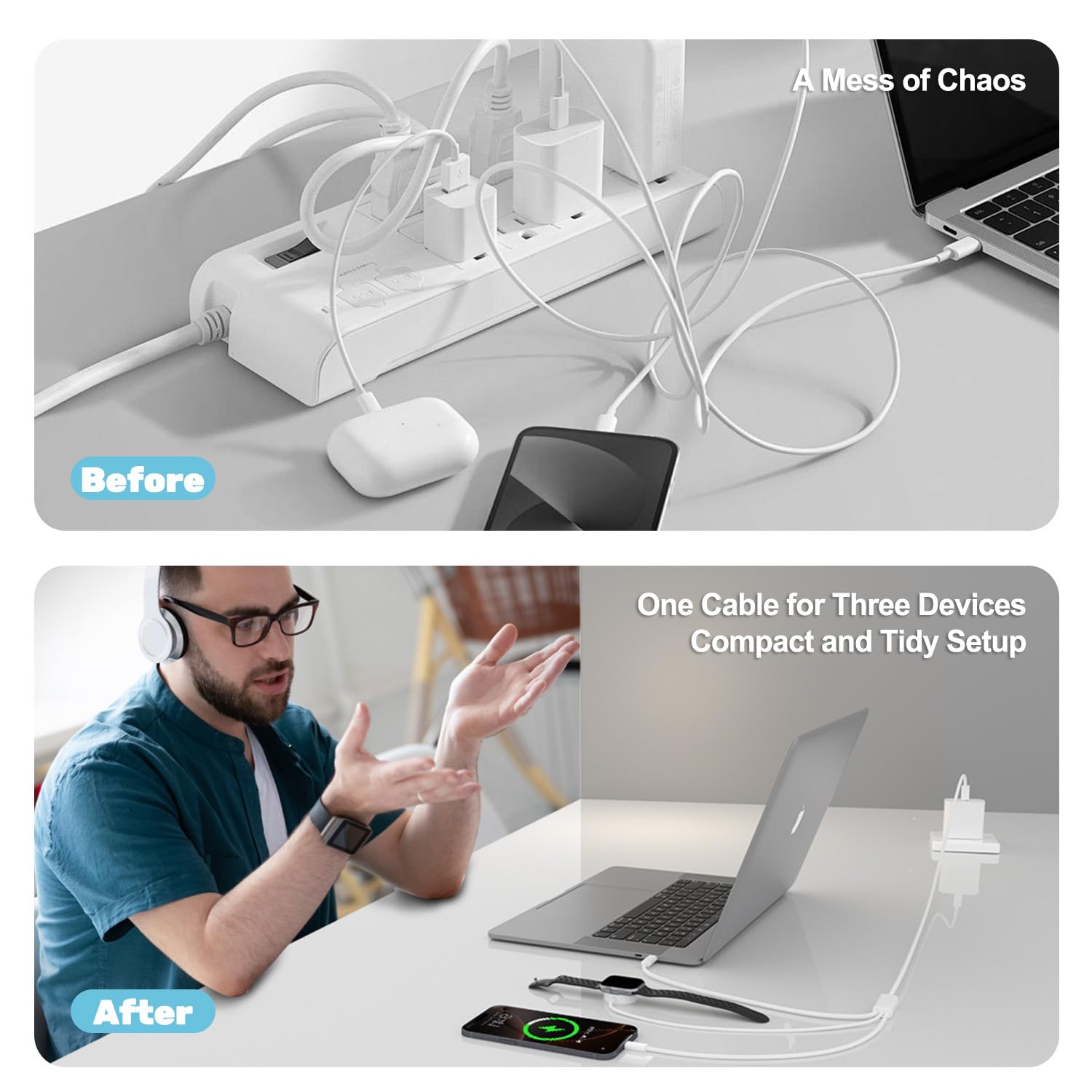 Travel Essentials Ladegerät für Apple Watch, 100 W, 3-in-2, Dual-USB-C-Multi-Schnellladekabel, tragbares USB-C-Kabel für iPhone 17/16/15, iPad Pro, MacBook, Samsung, Google Pixel, iWatch Ultra/Serie 1
