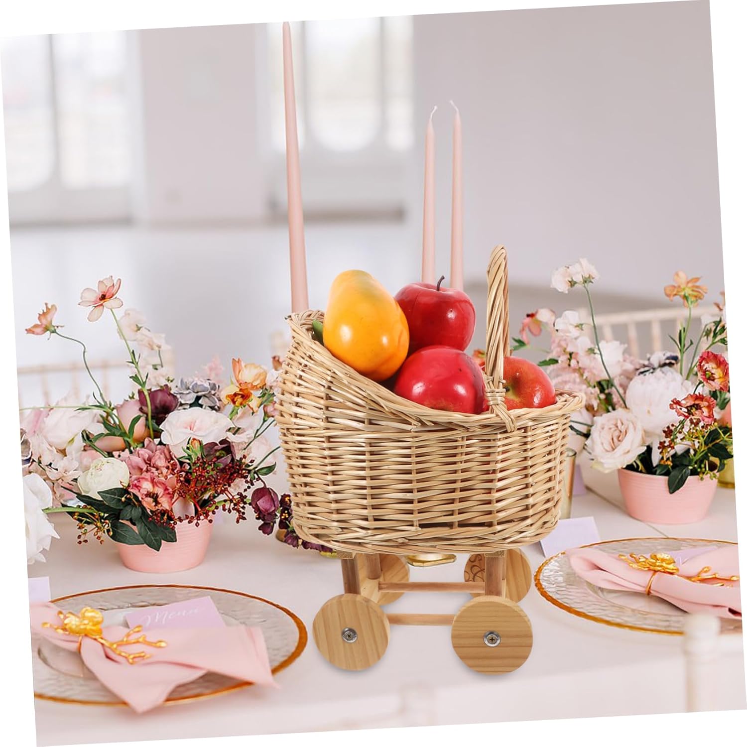 Woven Rattan Stroller Basket for Flower Rustic Decorative Basket with Handle for Weddings and Showers for and Event Decoration
