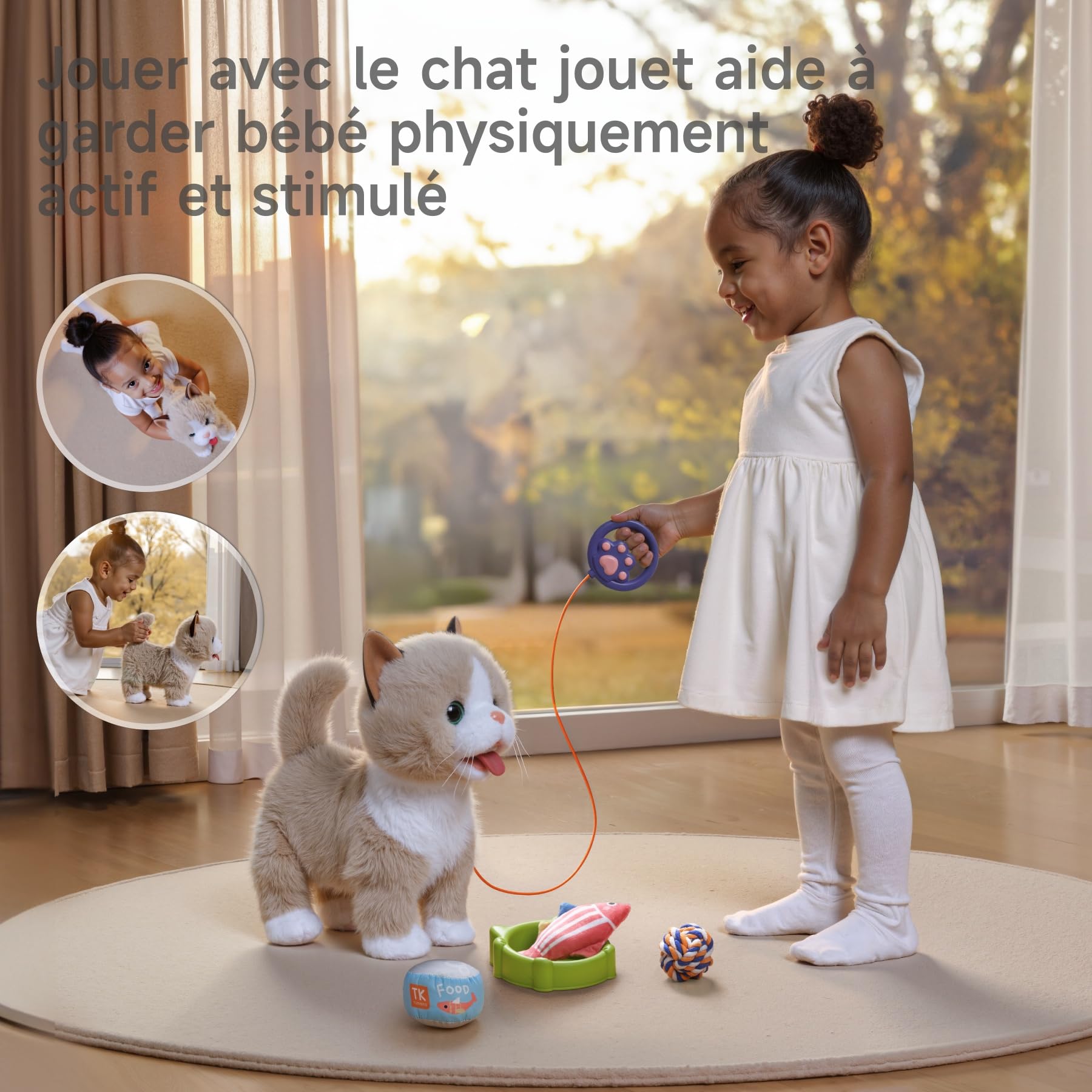 TUMAMA Peluche Interactif pour Chat Jouet Enfant 3-6 Ans Qui Marche Et Aboie en Laisse