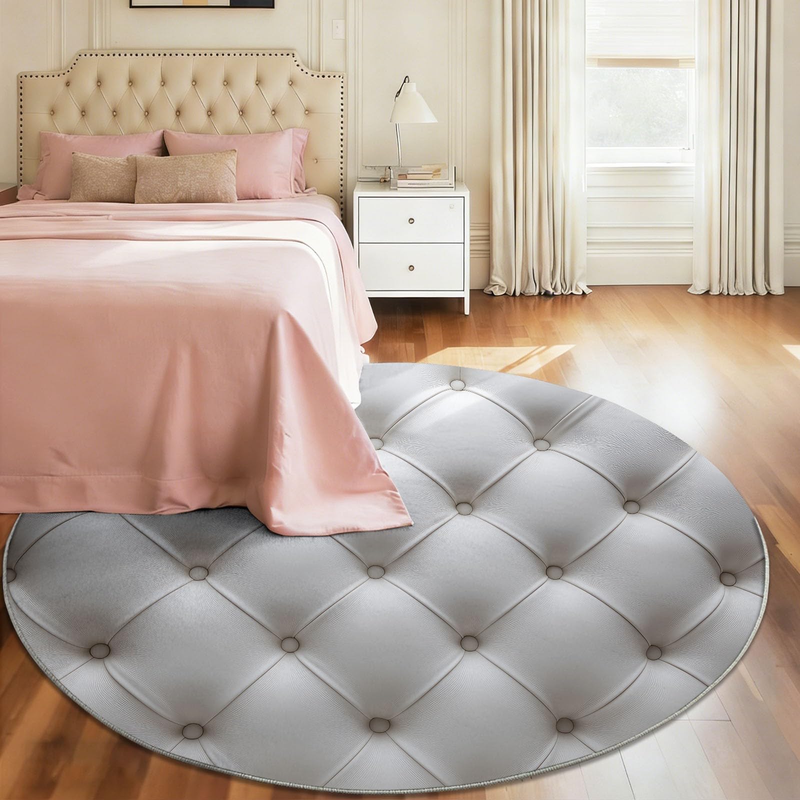 Tapis Rond 150 cm Moquette Luxe Texture Cuir Géométrique - Tapis Circulaire Simple pour Salon et Chambre, Antidérapant Lavable et Doux Poils Courts, Blanc