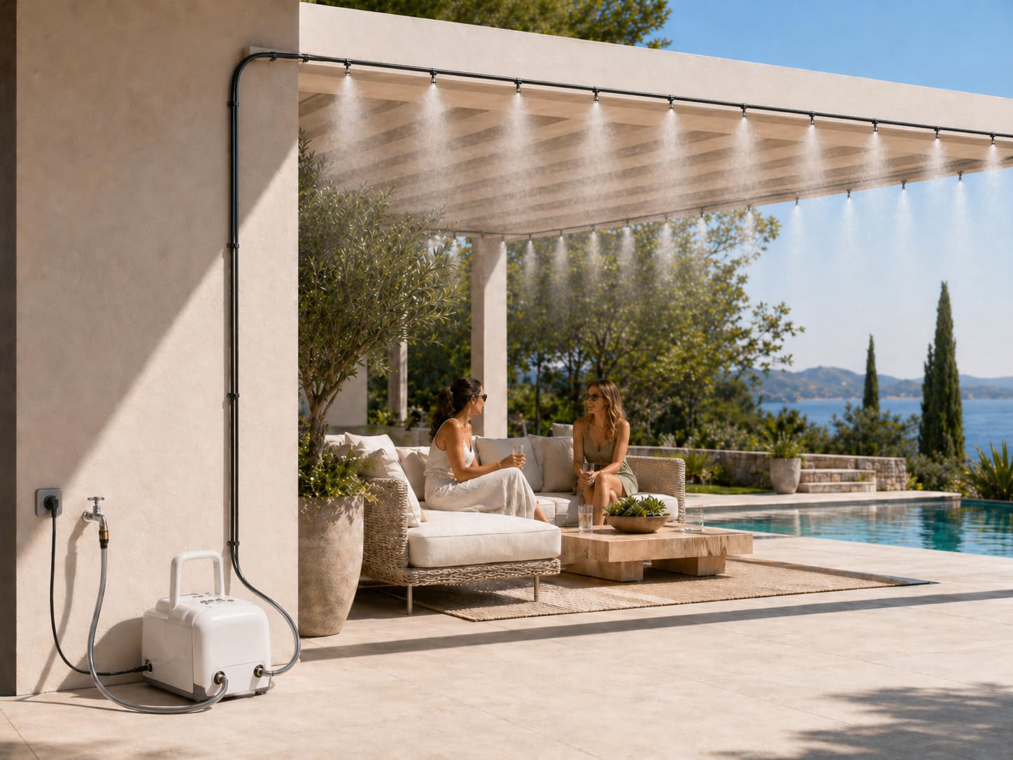 O'FRESH Brumisateur Terrasse Exterieur Haute Pression 20 Buses INOX - Système Brumisation avec Pompe Haute Pression Axiale 60 Bars - Capacité : 55 m² et Plus - Repousse Les moustiques et nuisibles
