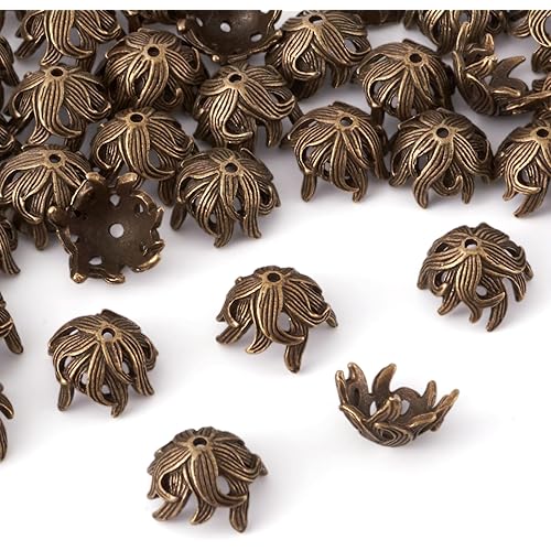 Craftdady 50Pcs Antique Bronze Flower Spacer Cone Bead Cap Covers Tibetan Vintage Alloy Terminator End Caps 10x15mm for Jewelry Necklace Earring Bracelet Making