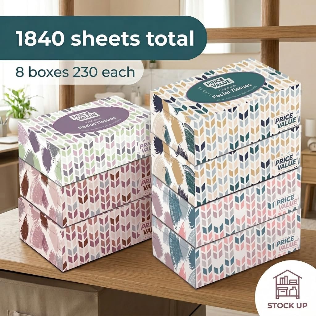 Price Value Facial Tissues boxes 230 Sheets Per Box 8 Boxes. Premium Soft Gentle and Durable in A Stylish Box - 1,840 Sheets