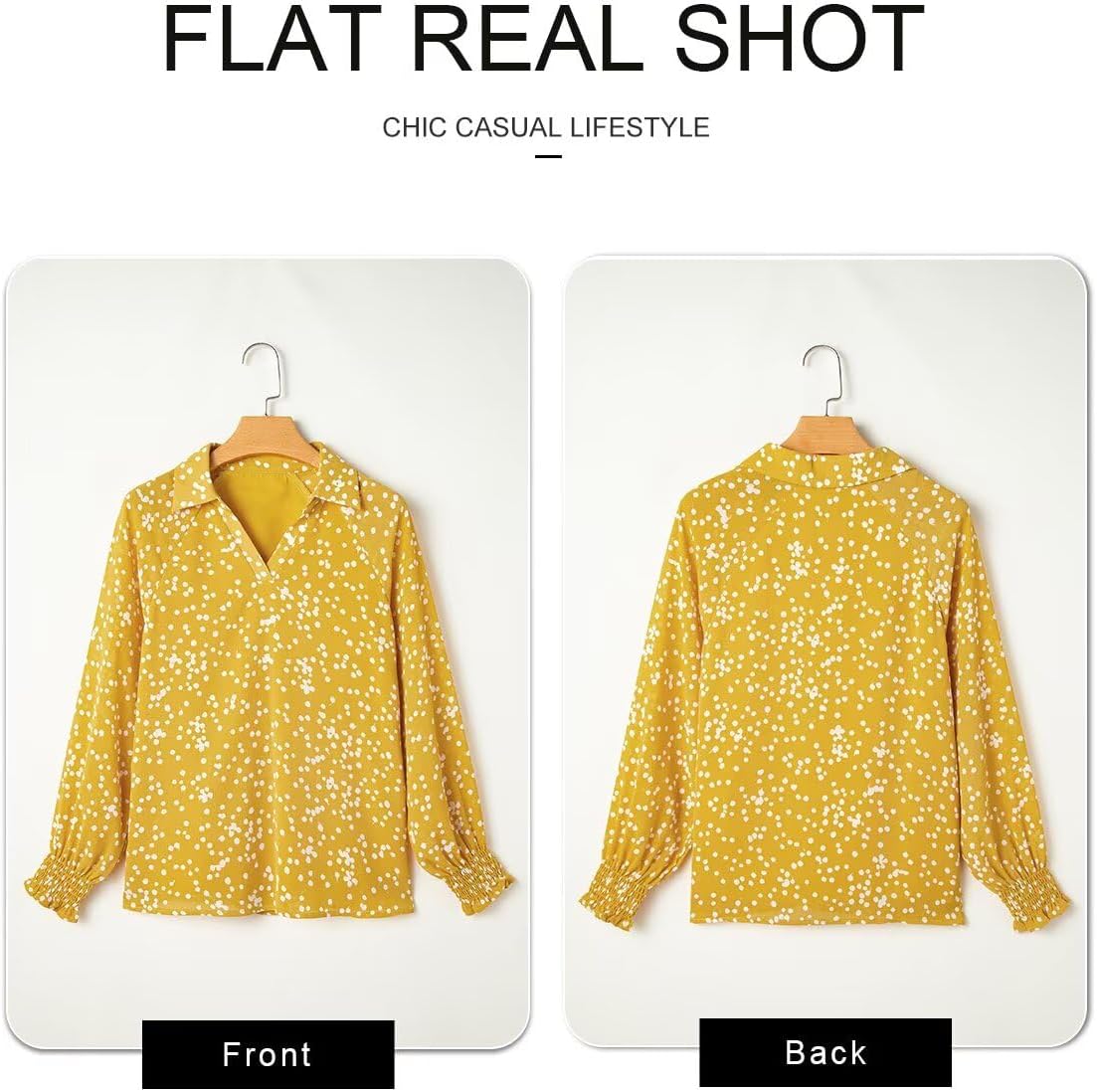 Astylish Womens Fashion Smocked Raglan Sleeves V Neck Collared Tops Chiffon Alicia Flower Print Blouses Spring Dressy Shirts Work Business Boho Tunic Yellow X-Large - Image 5