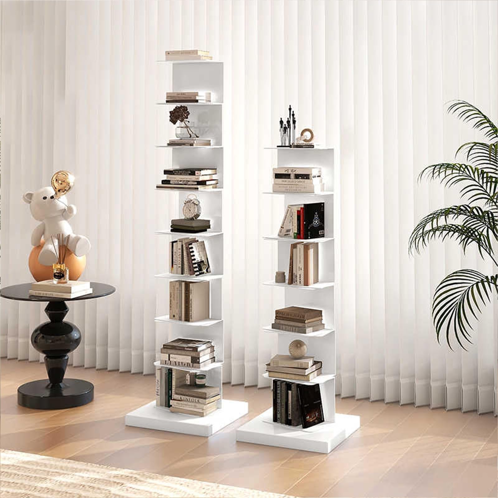 Libreria a Torre con Colonna Verticale in Metallo, 5 Ripiani, Stretta, a Scala, per Piccoli spazi, espositiva, scaffale Bianco per Ufficio Domestico