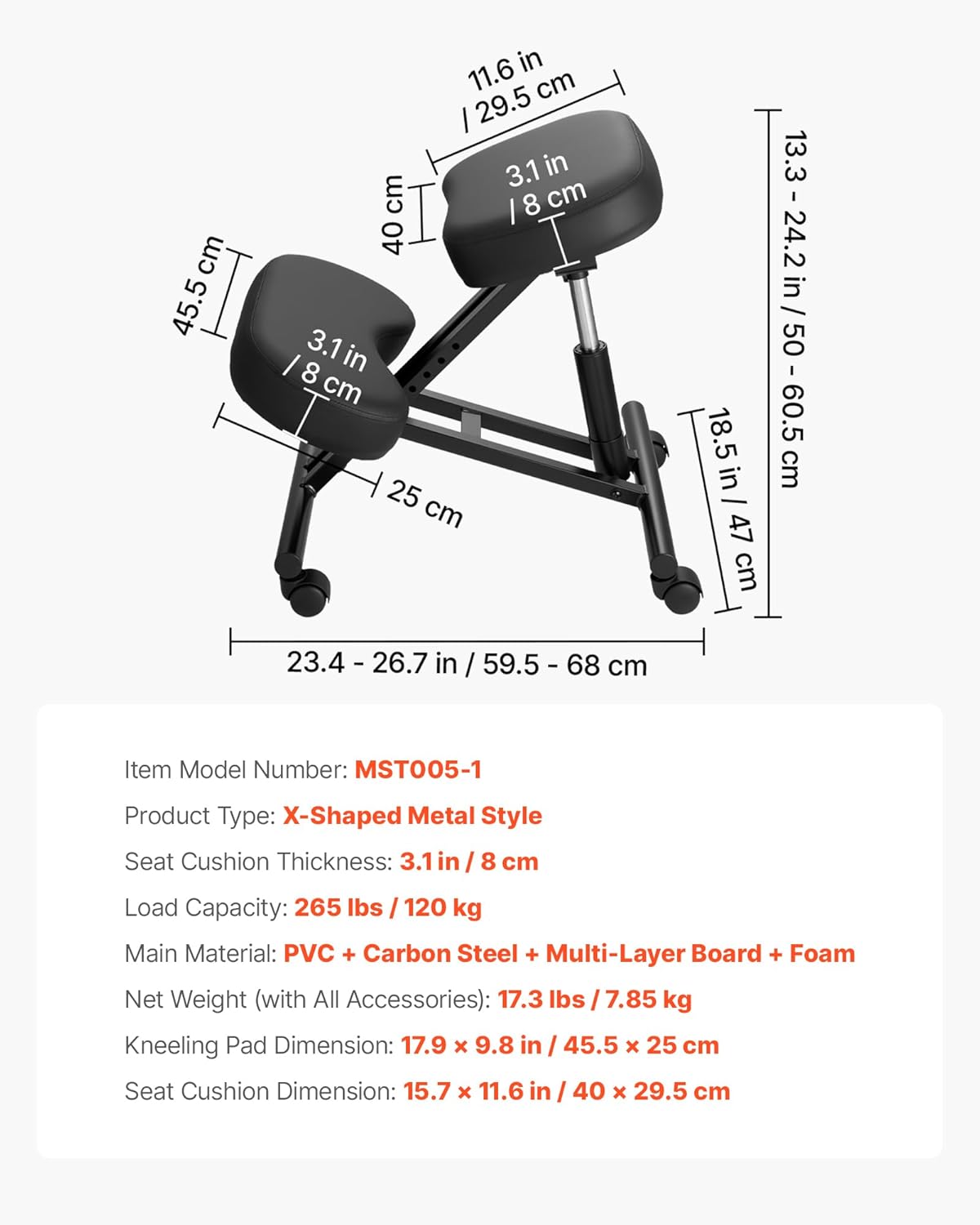 VEVOR Ergonomic Kneeling Chair with Wheels, Mobile X-Shaped Posture Knee Chair with Adjustable Height & Thick Foam Cushions, Natural Relief for Neck or Back Pain for Home, Office or Meditation, Black