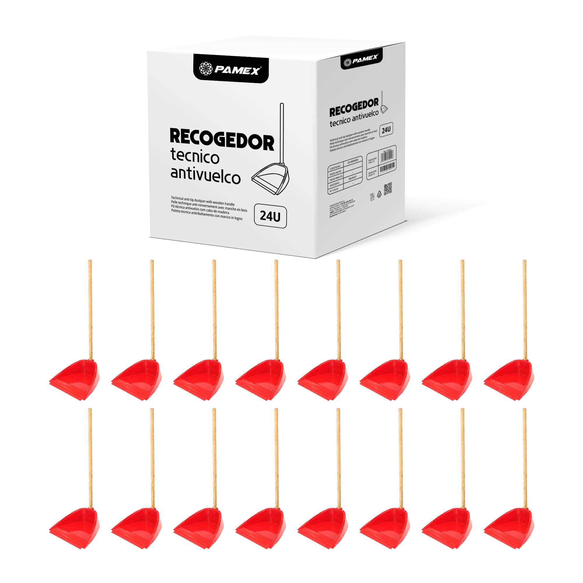 Pamex - Recogedor Tecnico Antivuelco con Palo Madera - 24 Unidades (Rojo)
