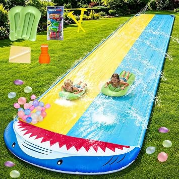 Double Slip Water Slide, 15.7ft x 55.1in Heavy Duty Lawn Water Slide with 2 Body Boards, Slip Sprinkler and Water Balloons, Inflatable Water Slide for Backyard Summer Outdoor