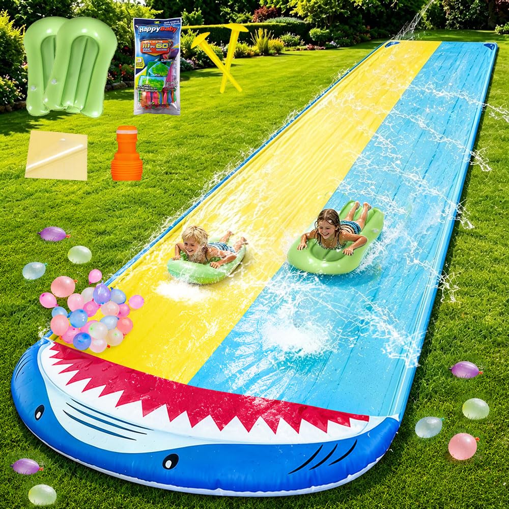 Double Wasserrutsche 15.7ft x 55.1in Rutschbahn Outdoor Wasser mit 2 Bodyboards, Wassersprüher, Wasserbomben Inflatable Water Slide für Garten