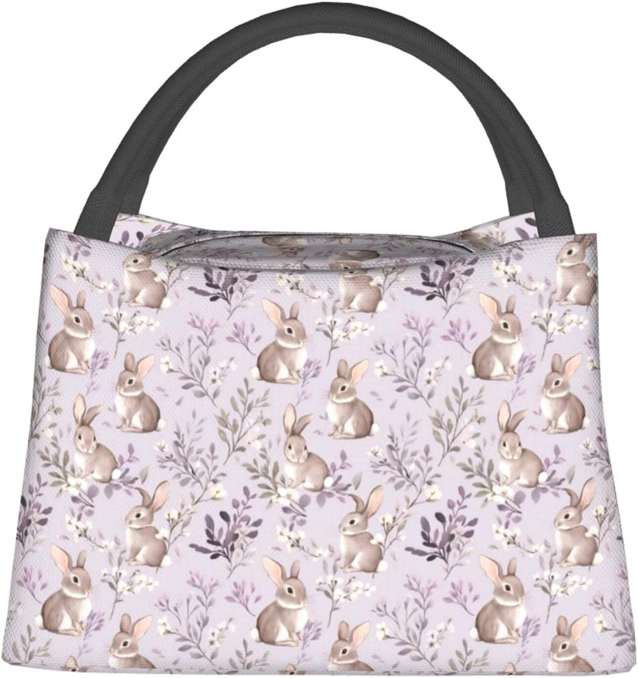 Cute Bunny Insulated Lunch Box for Girls Women,Reusable Tote Bag with Adorable Rabbit and Lavender Floral,Portable Lunchbox Handbag,Makeup Bags Organizer Gifts for Work Travel,11x6.3x6.7in