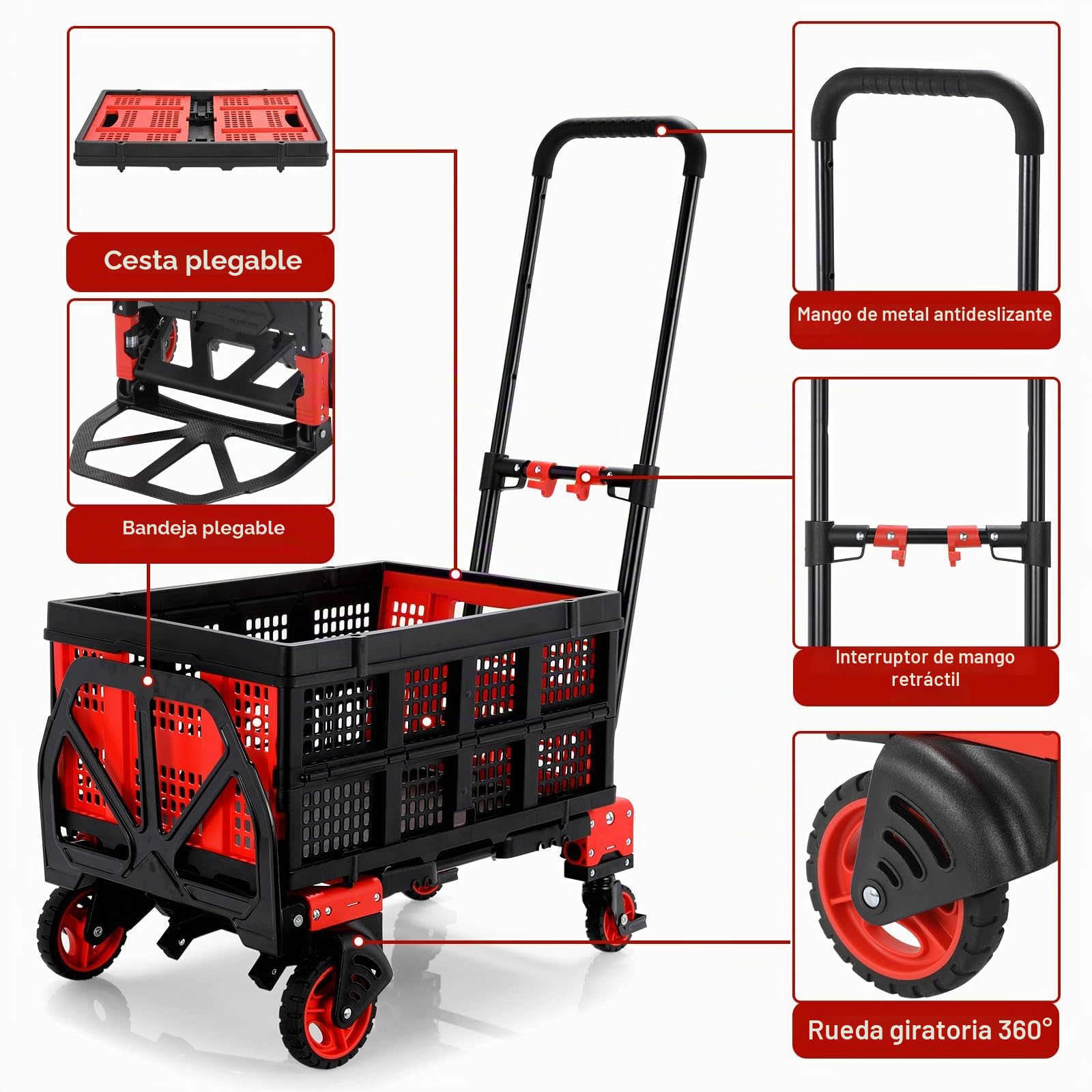 Carretilla de Mano y Carro Plegable 2 en 1, con Caja Abatible y 2 Correas | Capacidad de 150 kg, Asa Ajustable 3 Alturas, Ideal para Mudanzas, Supermercado y Acampada (Rojo)