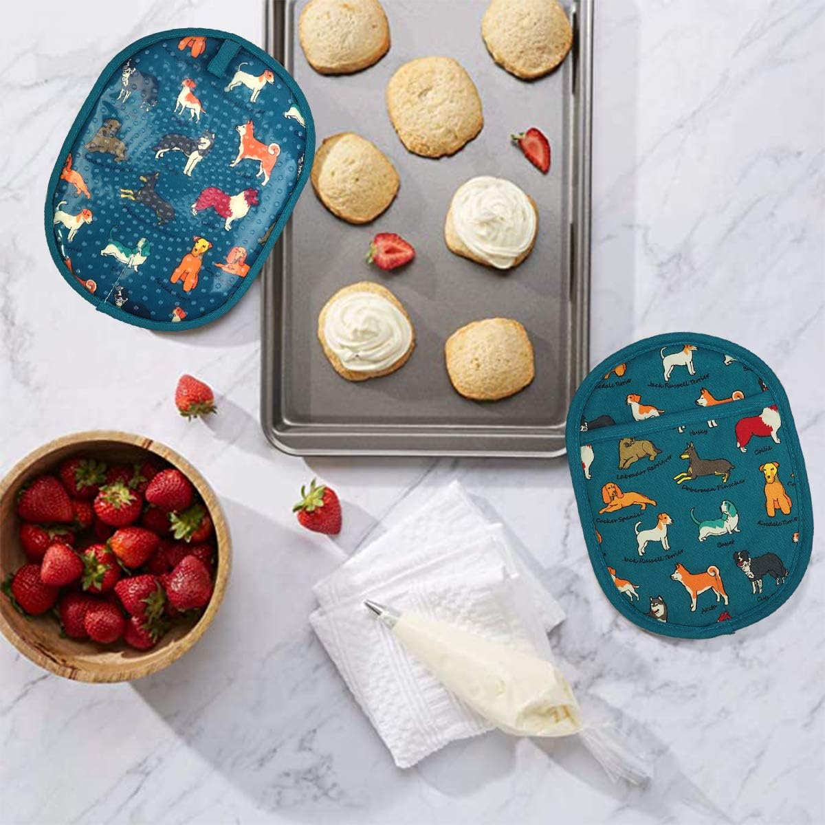 Pot Holders Set of 2 with Transparent Clear Silicone Shell and Nice Dog Flower Cotton Lining, Heat Resistant to 500 F Kitchen Oven Gloves Pot Holder for Cooking (Blue Dog, Potholders) - Image 4