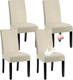 Waterproof Dining Chair Cover,Spandex Fabric Fit Stretch Chair Slipcover,Removable Washable Jacquard Parsons Chair Covers (Beige,Set of 4)