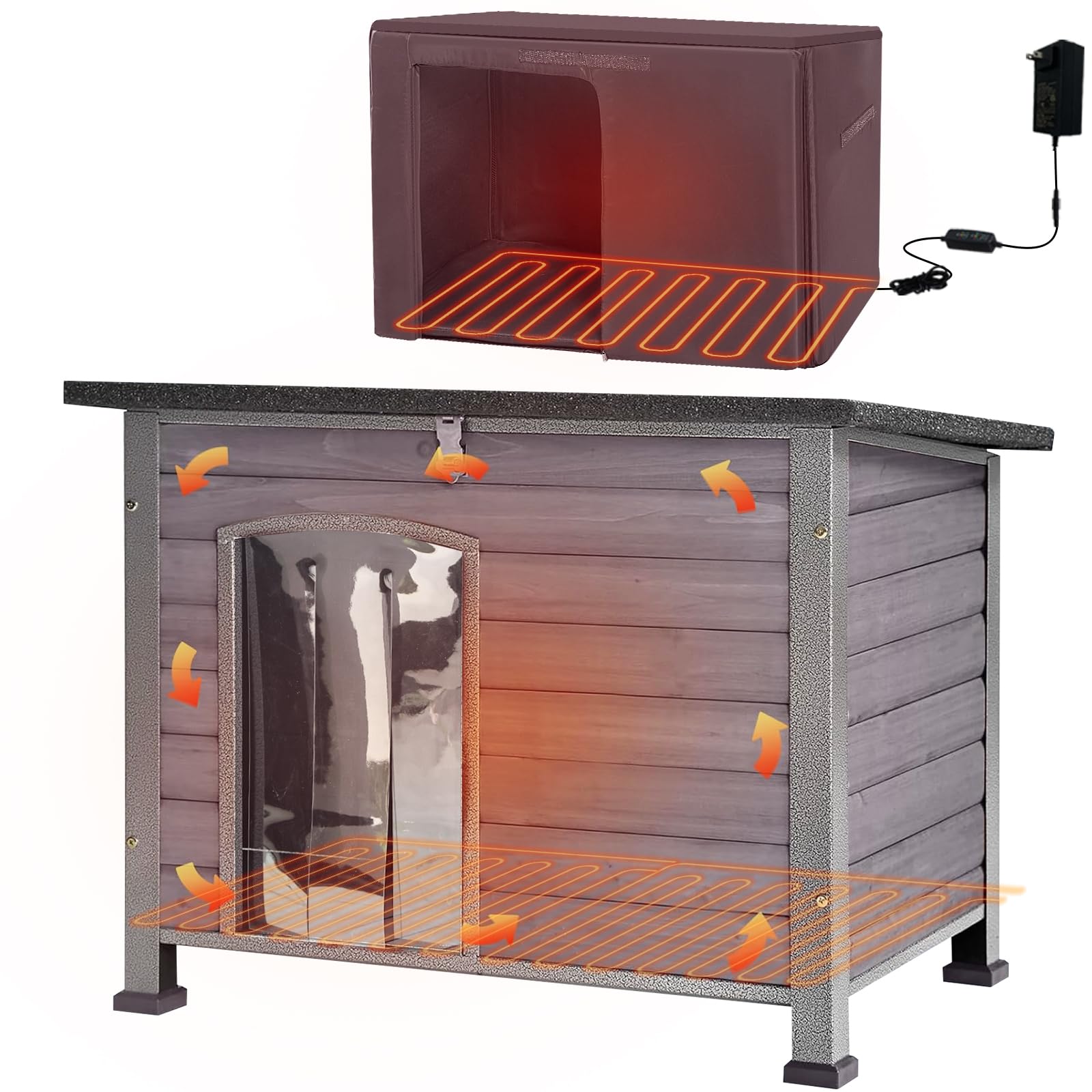 GUTINNEEN Heated Dog House Outdoor 35.5" L Insulated Dog Kennel with Metal Frame Large Dog Crate for Medium to Large Dogs Outside with Heater and