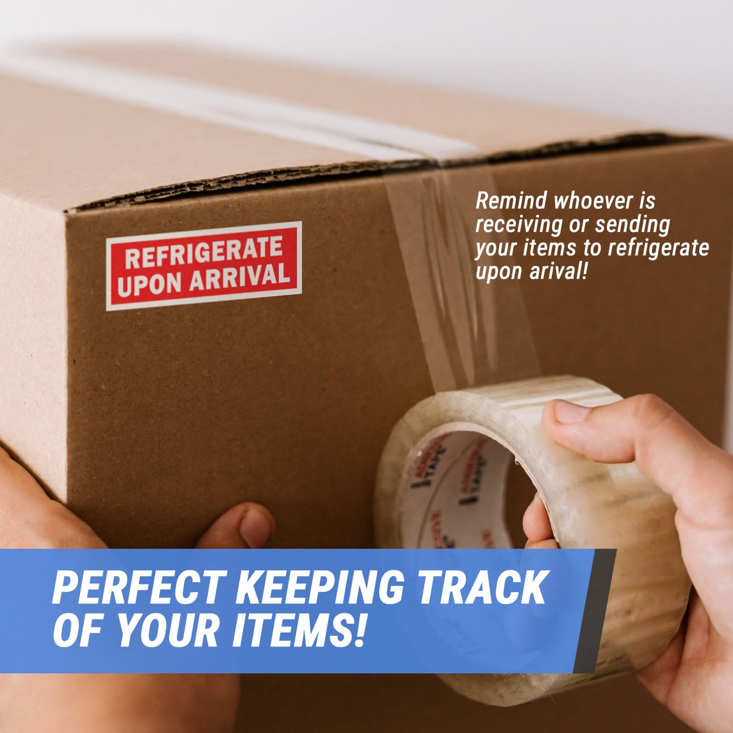 1200 calcomanías para refrigerar al llegar, 1.5 x 4 pulgadas, etiquetas para refrigerar al llegar, instrucciones de advertencia, etiqueta de precaución para perecedero, rojo, 4 rollos de 300 etiquetas
