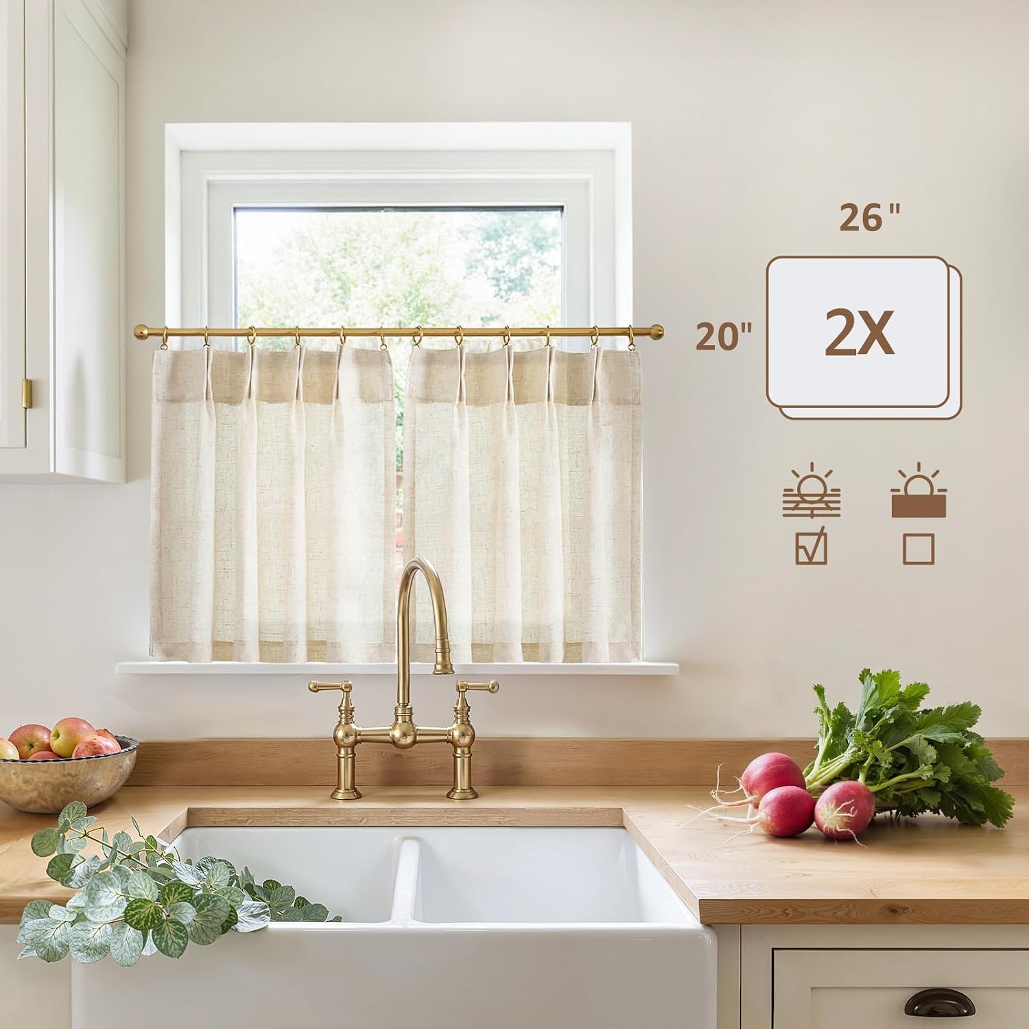 jinchan Linen Pinch Pleated Back Tab Tier Curtains, 26x20, Natural