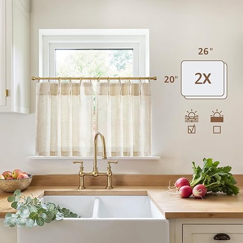 Miniatura 5 de Jinchan Cortinas de lino con pinzas plegadas para cocina, cortinas de 20 pulgadas de lino natural con pestaña trasera, cortinas de estilo granja y