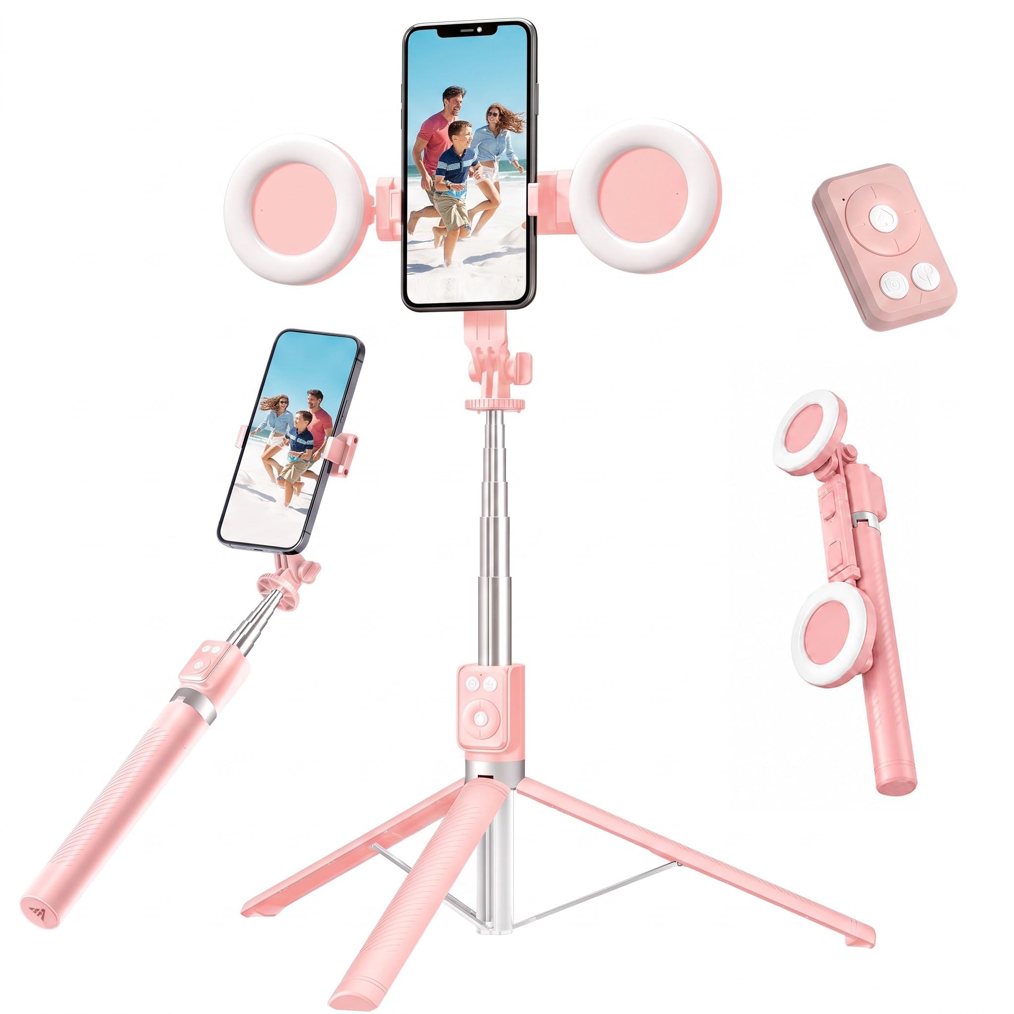 1.7m Palo Selfie Tripode con Luz, 360° Trípode para Movil Profesional con Mando Compatible con iPhone y Android, Selfie Stick inalámbrico para Vídeos TikTok Youtube, Rosa
