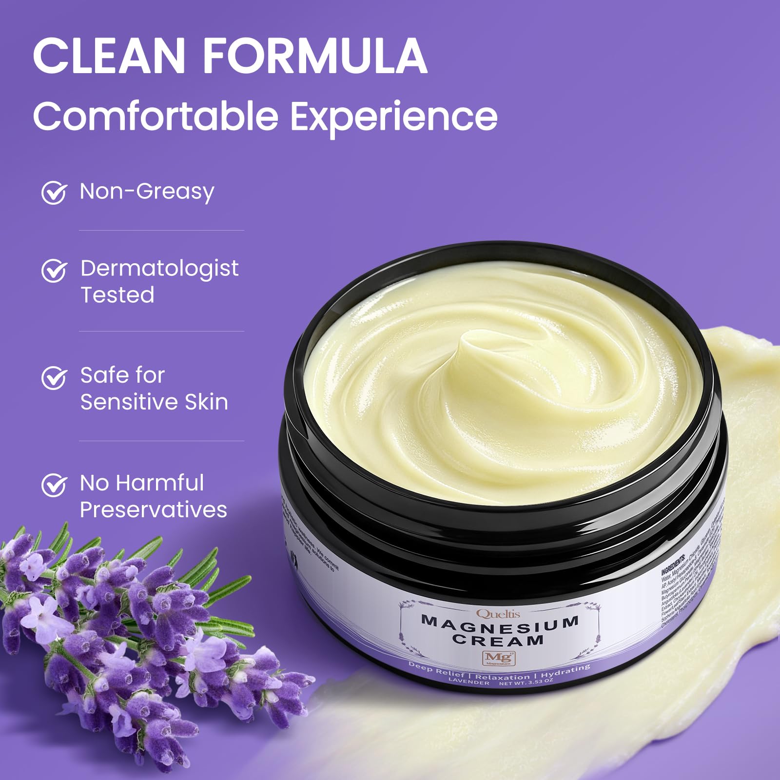 Magnesium Cream, Magnesium Lotion for Sleep, Pain & Leg Cramps, Topical Magnesium Chloride Cream for Muscle Relaxation, Calm, Moisturizing - Skin-Friendly & Safe for Kids & Adults | 3.53OZ (Lavender) — Amazon image 4