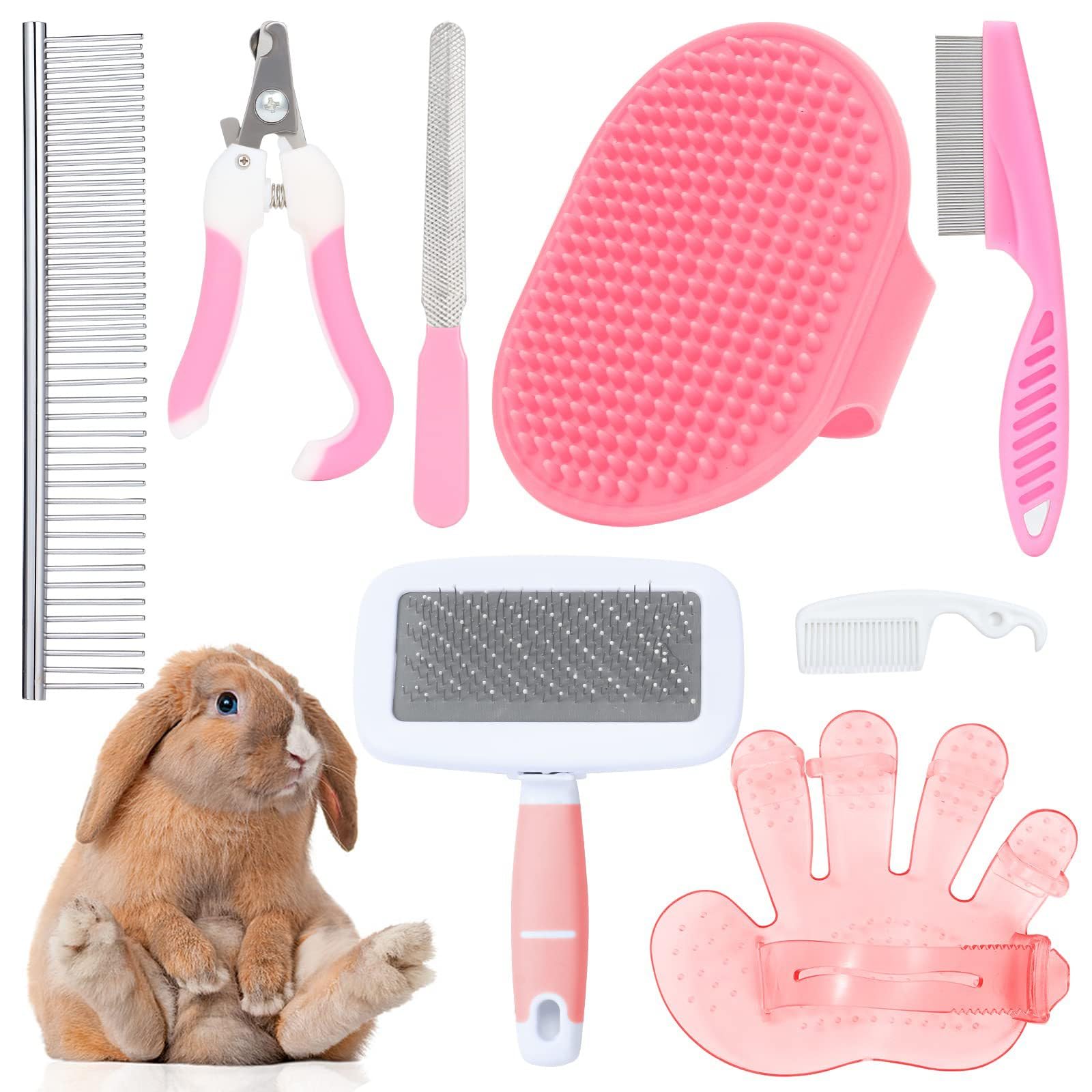 8 PCS Small Animal Pet Grooming Kit Pet Shedding Slicker Brush, Rabbit Bunny Grooming Kit, Bath Massage Glove, Pet Nail Clipper Trimmer for Puppy, Kitten, Guinea Pig, Hamster, Ferret (Pink)