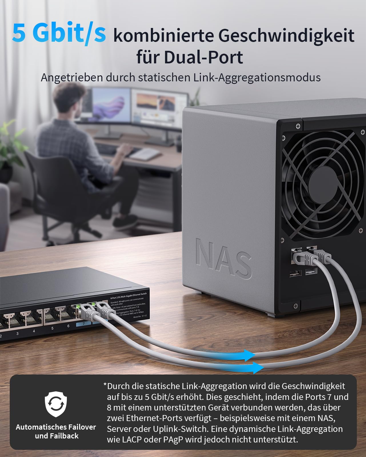 BrosTrend 8X 2.5-Gigabit Netzwerk Switch (Statische Link-Aggregation, VLAN) | Lifetime-Schutz Unmanaged 8 Port 2.5 Gbit LAN Switch für Gaming PC, NAS Server, Lüfterlos, Plug & Play, Ethernet LAN Splitter