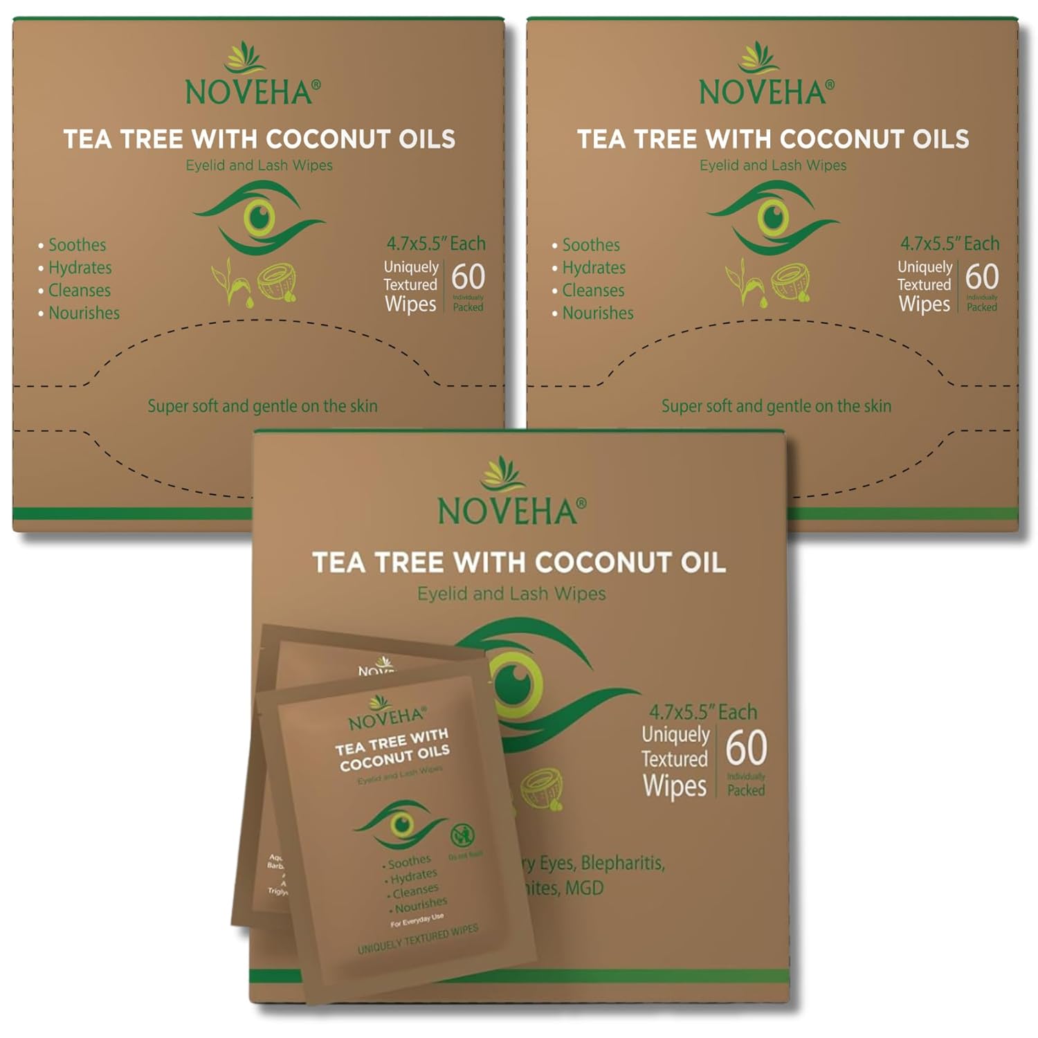 NOVEHA Tea Tree & Coconut Oil Eyelid & Lash Wipes For Demodex, Blepharitis & Itchy