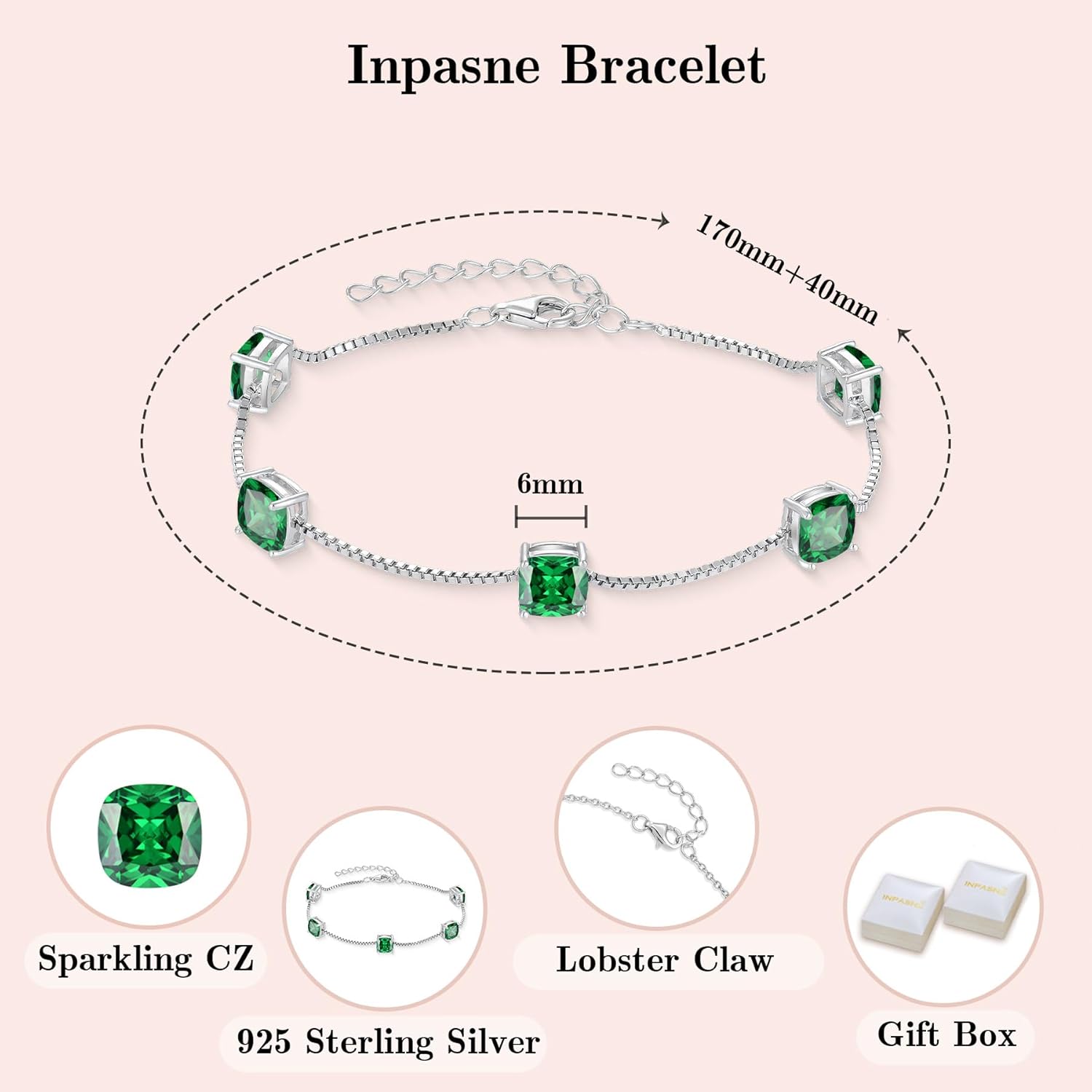 Birthstone Bracelet for Women 925 Sterling Silver Dainty Princess Cut Link Bracelet Jewelry Gifts for Her - Image 6