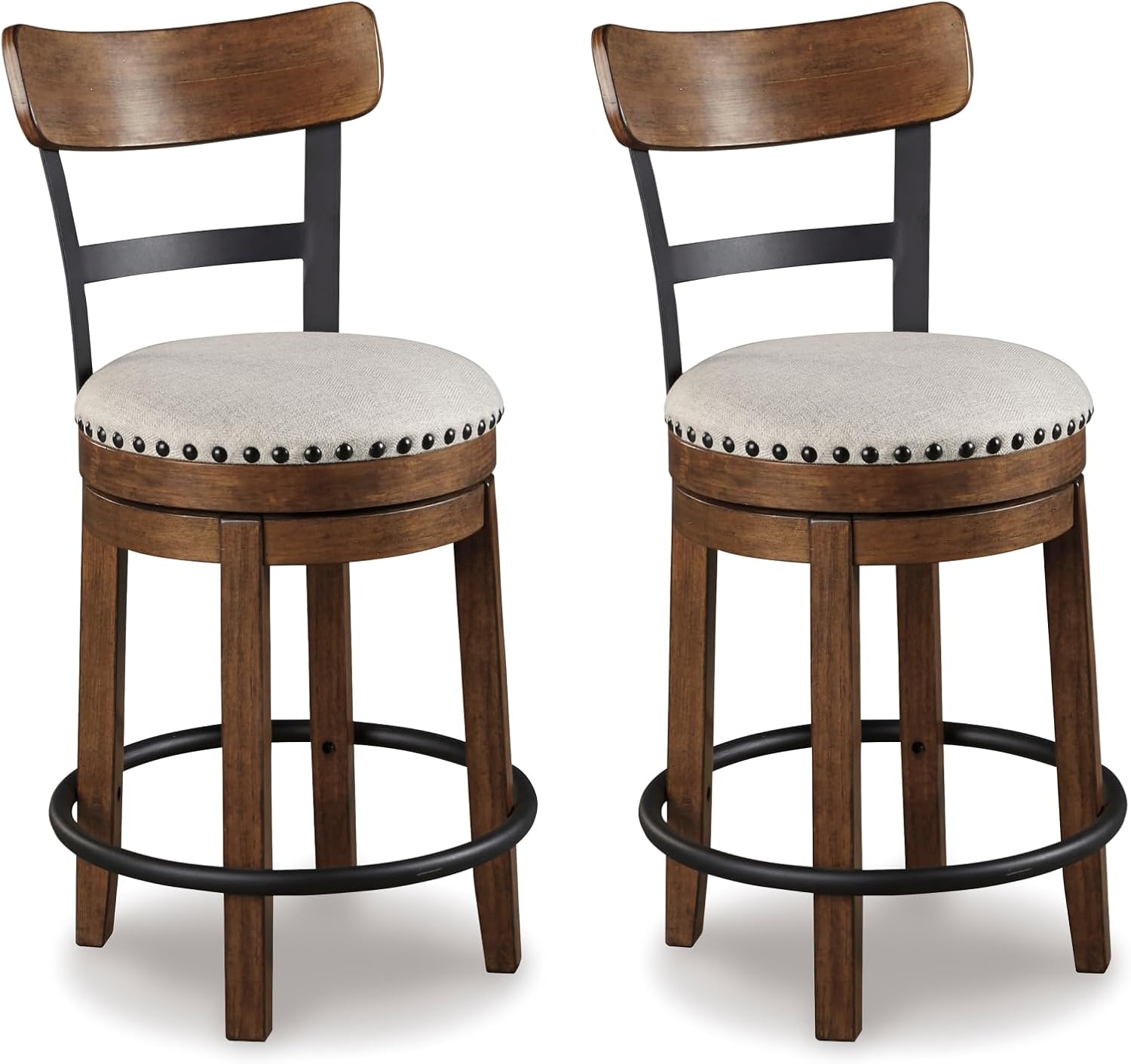 Signature Design by Ashley Valebeck Swivel Barstool With Back, Rustic-Industrial Wood and Metal, 360-Degree Swivel Counter Height Stool for Kitchen Island Seating, Linen Color
