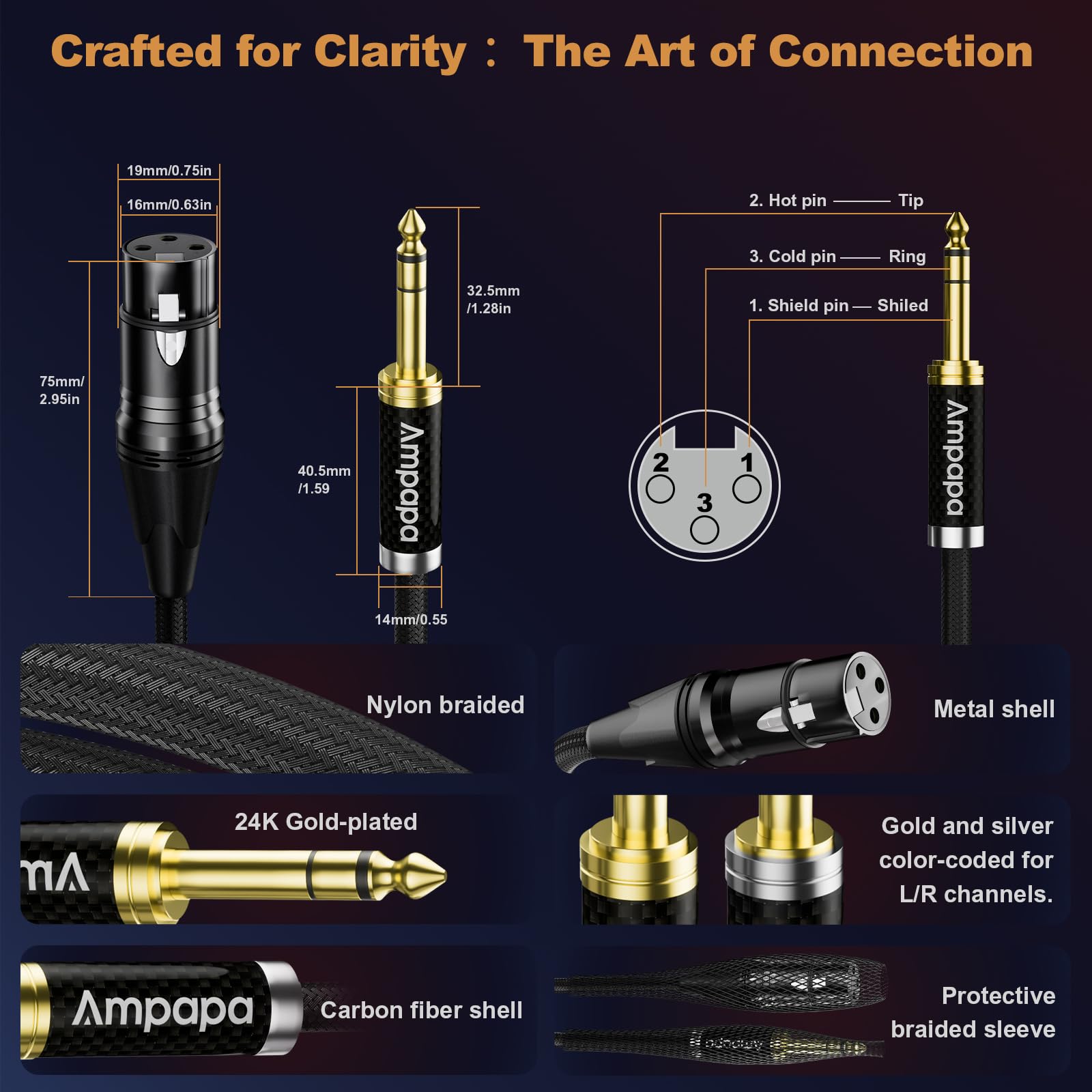 Câble symétrique TRS vers XLR femelle 1/4" OFC plaqué or XLR vers 6,35 mm