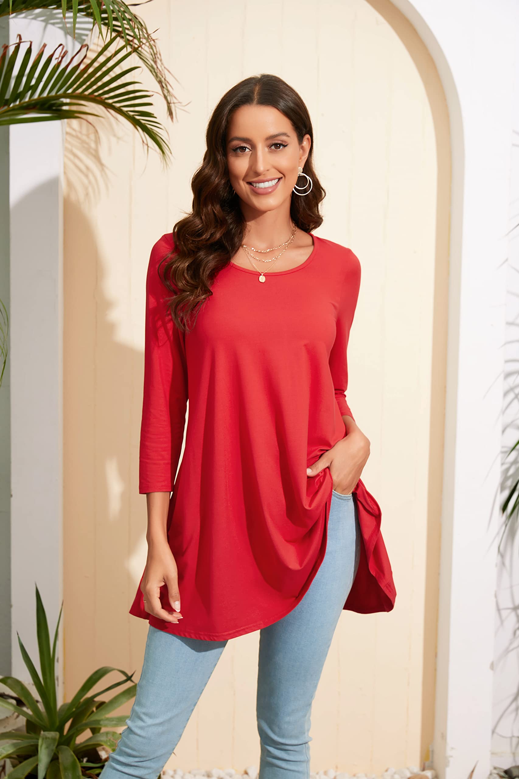 Enmain Tunique Femme 3/4 Manches Longues col Rond Blouse Longues Tunique Top pour Femmes Casual Élégant Chic Floraux Swing T Shirt