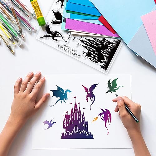 Miniatura 2 de GLOBLELAND Sellos transparentes vintage de castillo y dragón, estilo medieval, diseño de dragón occidental, sellos transparentes de silicona