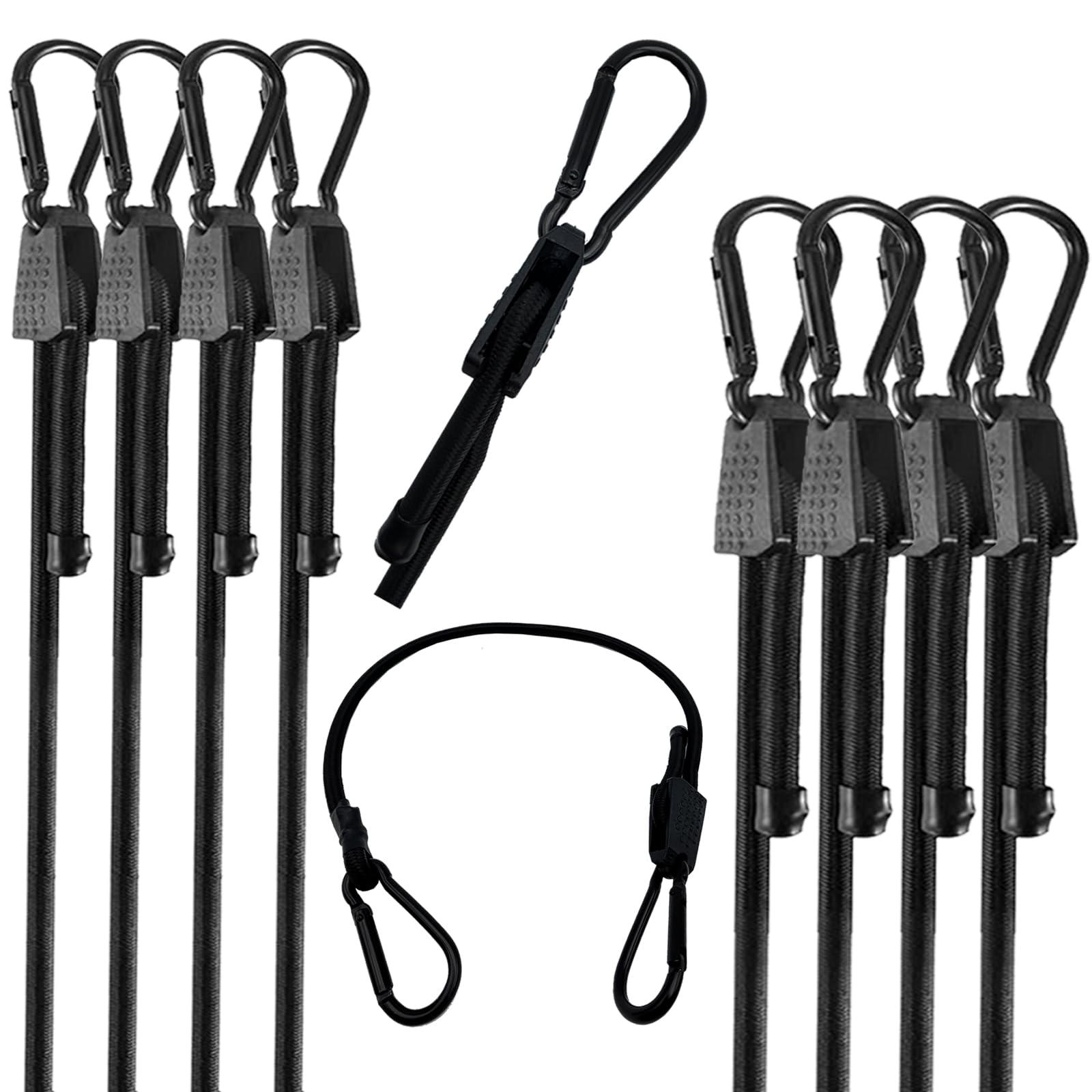 24 Inch Bungee Cord with Aluminum Alloy Hook, 4 Pack Superior Rubber Heavy Duty Straps Strong Elastic Rope for Outdoor Tent, Luggage Rack, Camping, Cargo, Bike,Storage. (48 Inch -Black-Adjustable)