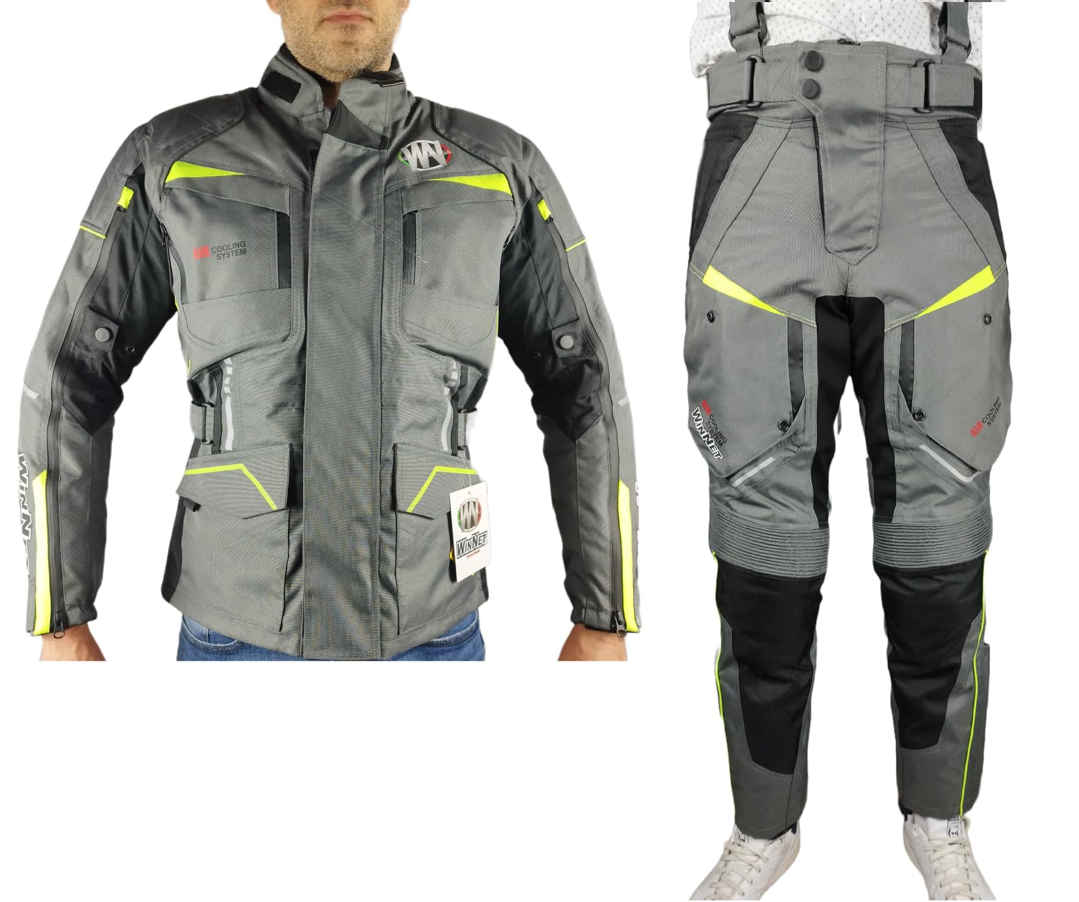 WinNet Tuta Completo Moto in Cordura Giacca e Pantalone con Protezioni Omologate C.E. impermeabile anti acqua pioggia e freddo 4 stagioni invernale ma sfoderabile in primavera estate JT Fluo