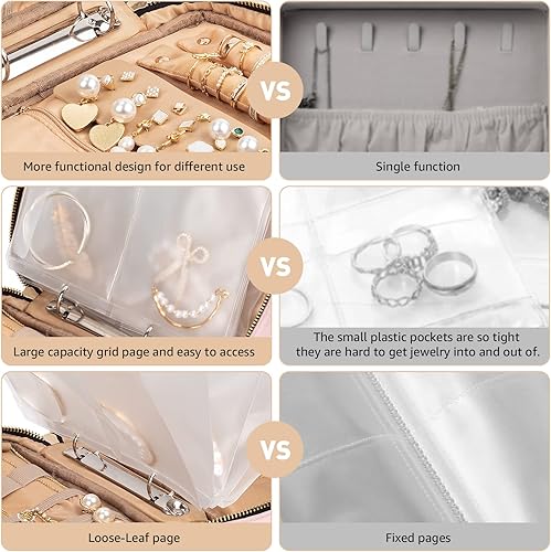 Miniatura 6 de Allinbag Bolsa organizadora de joyas de viaje con 5 páginas grandes transparentes y 10 rejillas, organizador de collares de viaje transparente y