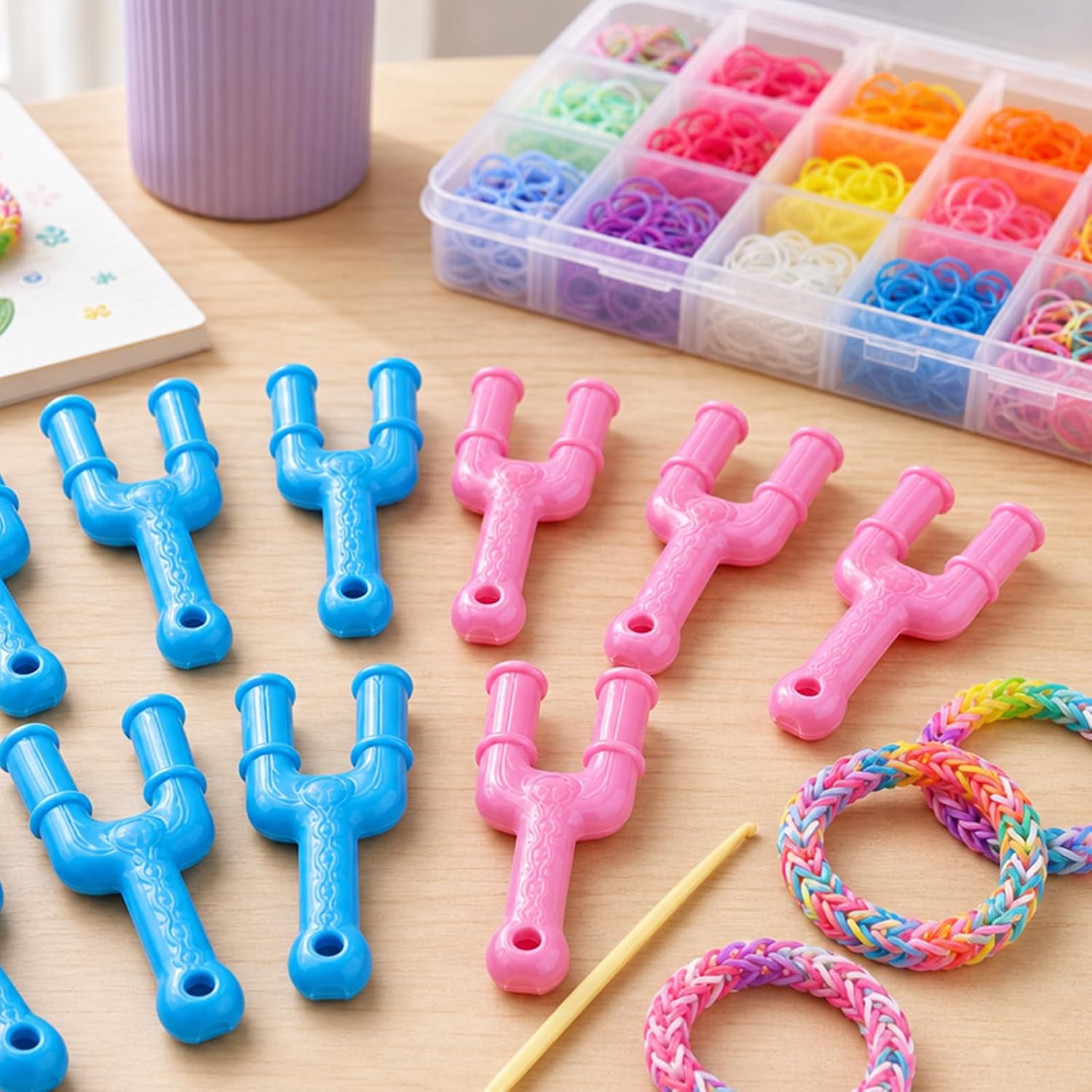 Njiwkiw 10Pcs Rubber Band Bracelet, Hook Tool with Y-Shaped Mini Weaving Bands, Professional Plastic Slingshot Hook for DIY Jewelry Making, Crafting Rubber Band Bracelets and Necklaces