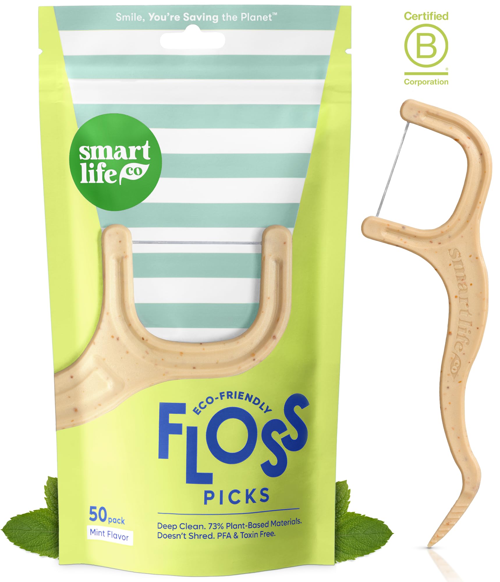 SmartLifeco Eco-Friendly Dental Floss Picks (50ct) - Flossers Made with Straw Wheat, Superior Anti-Shred Thread for Tight Gaps, Tooth Pick Stick for Adults, Soft on Gum & Teeth, Vegan, Mint