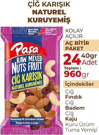 Paşa Naturel Çiğ Karışık Kuruyemiş, 24x40gr Paket, Toplam 960gr Fındık, Badem, Kuru Üzüm, Turna Yemişi, Kaju