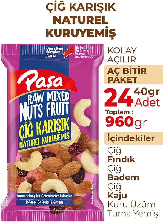 Paşa Naturel Çiğ Karışık Kuruyemiş, 24x40gr Paket, Toplam 960gr Fındık, Badem, Kuru Üzüm, Turna Yemişi, Kaju